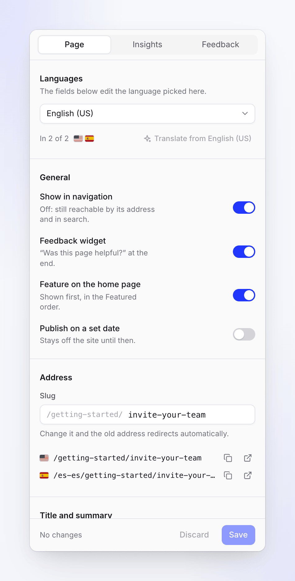 Page settings for a page, with languages, Show in navigation, Feedback widget, Feature on the home page, Publish on a set date and the slug