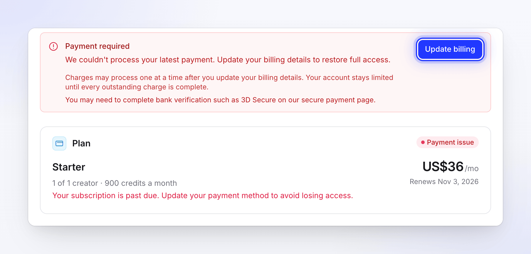 Billing showing a Payment required notice with the Update billing button, and a Payment issue badge on the Plan card