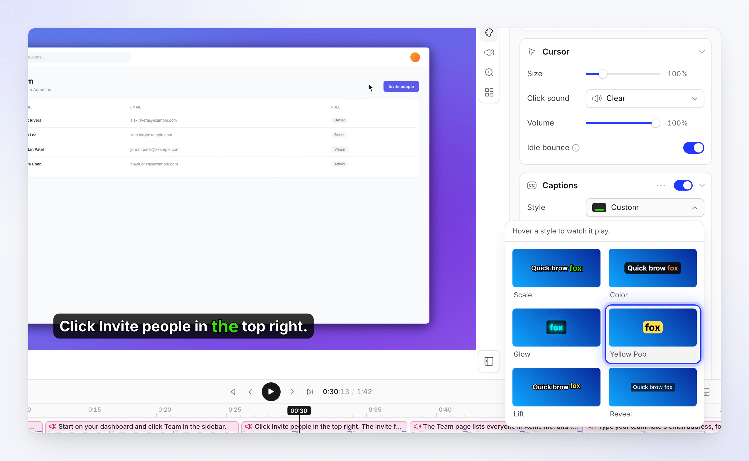The caption style picker with six styles and a caption on the video.