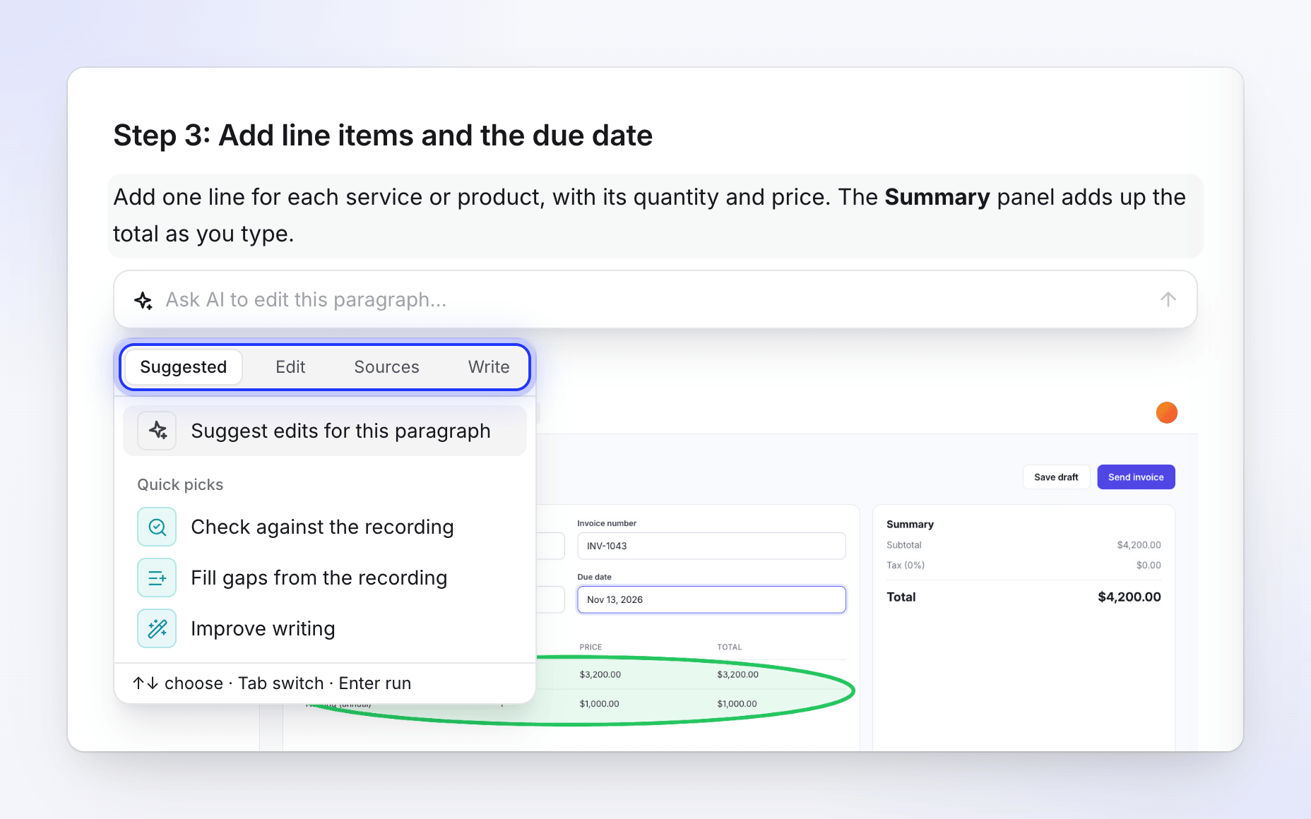 The AI menu on a selected paragraph with the Suggested, Edit, Sources and Write tabs and Quick picks