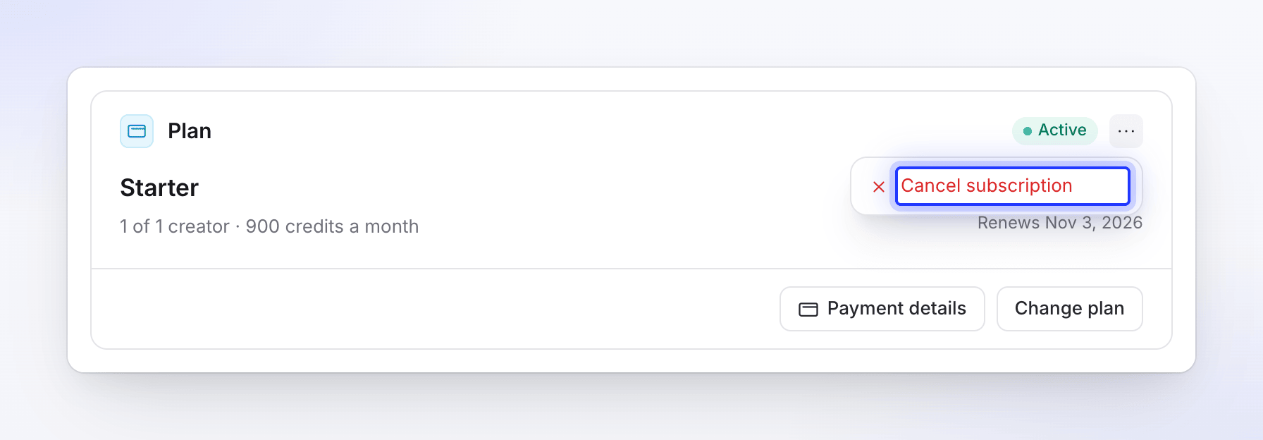 The Plan card's more-actions menu with Cancel subscription