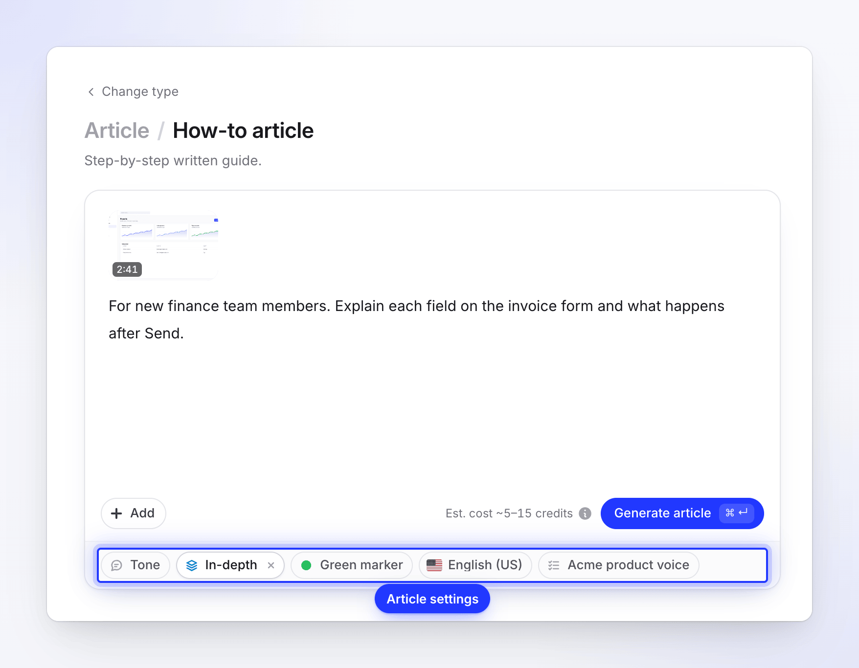 An article's Compose page with a recording attached and the pills Tone, Depth, Green marker, English (US) and AI rules