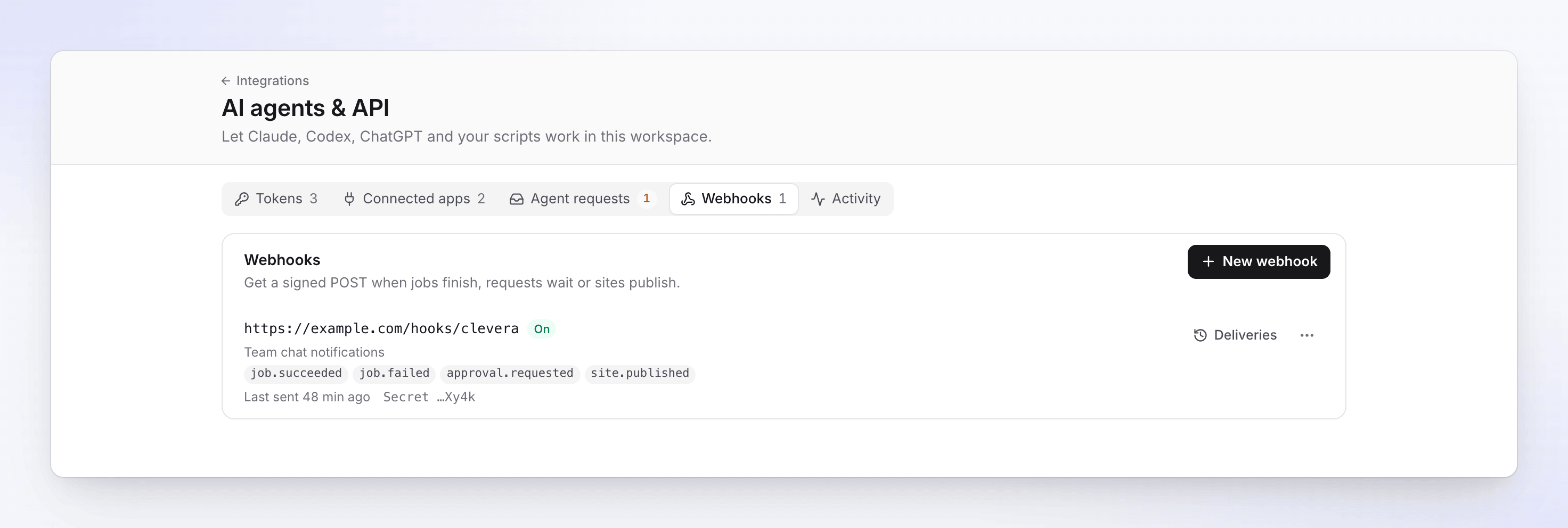 The Webhooks tab with one endpoint at example.com, the events it receives, and when it last sent.