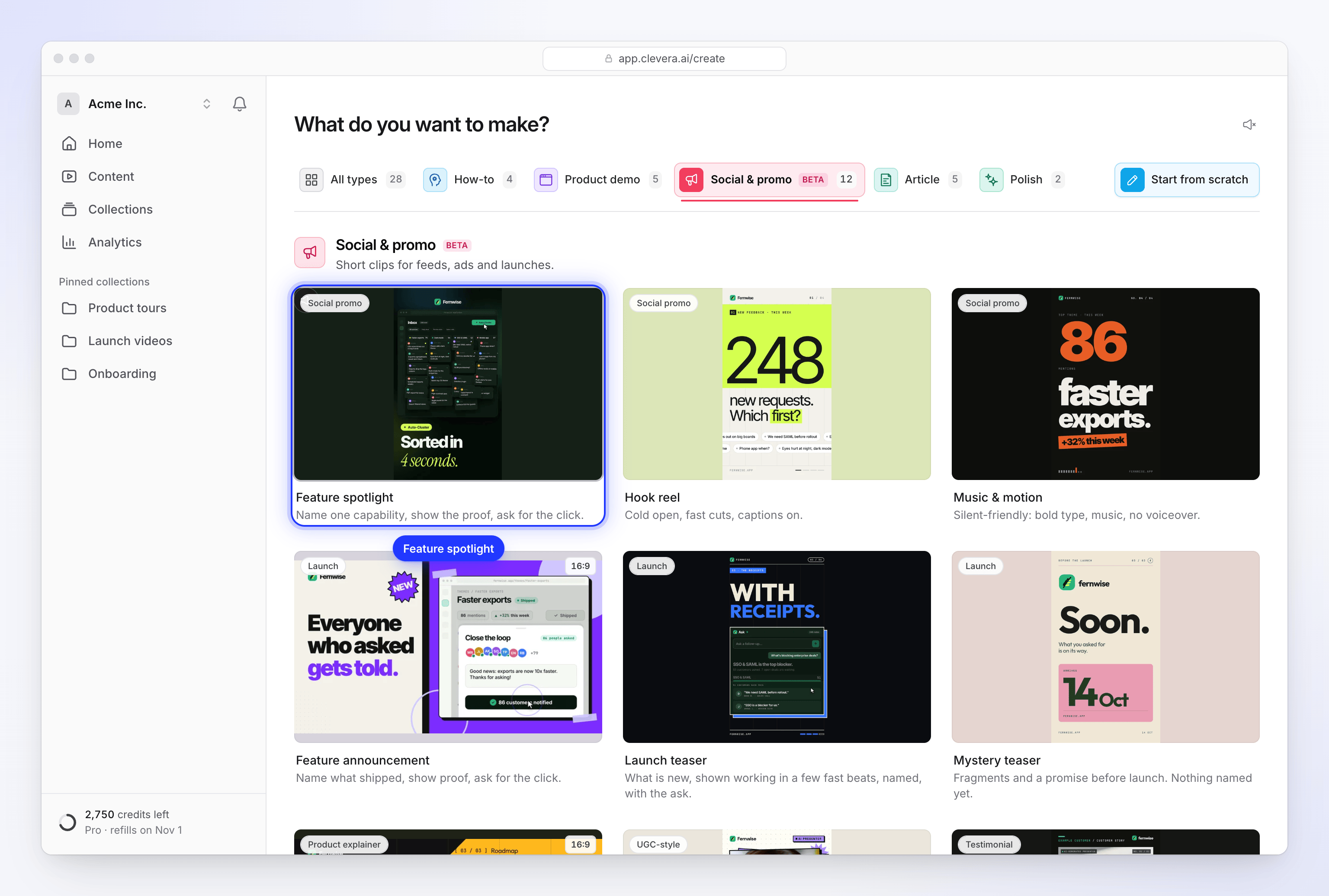 The Create gallery on the Social & promo tab, with the Feature spotlight card highlighted