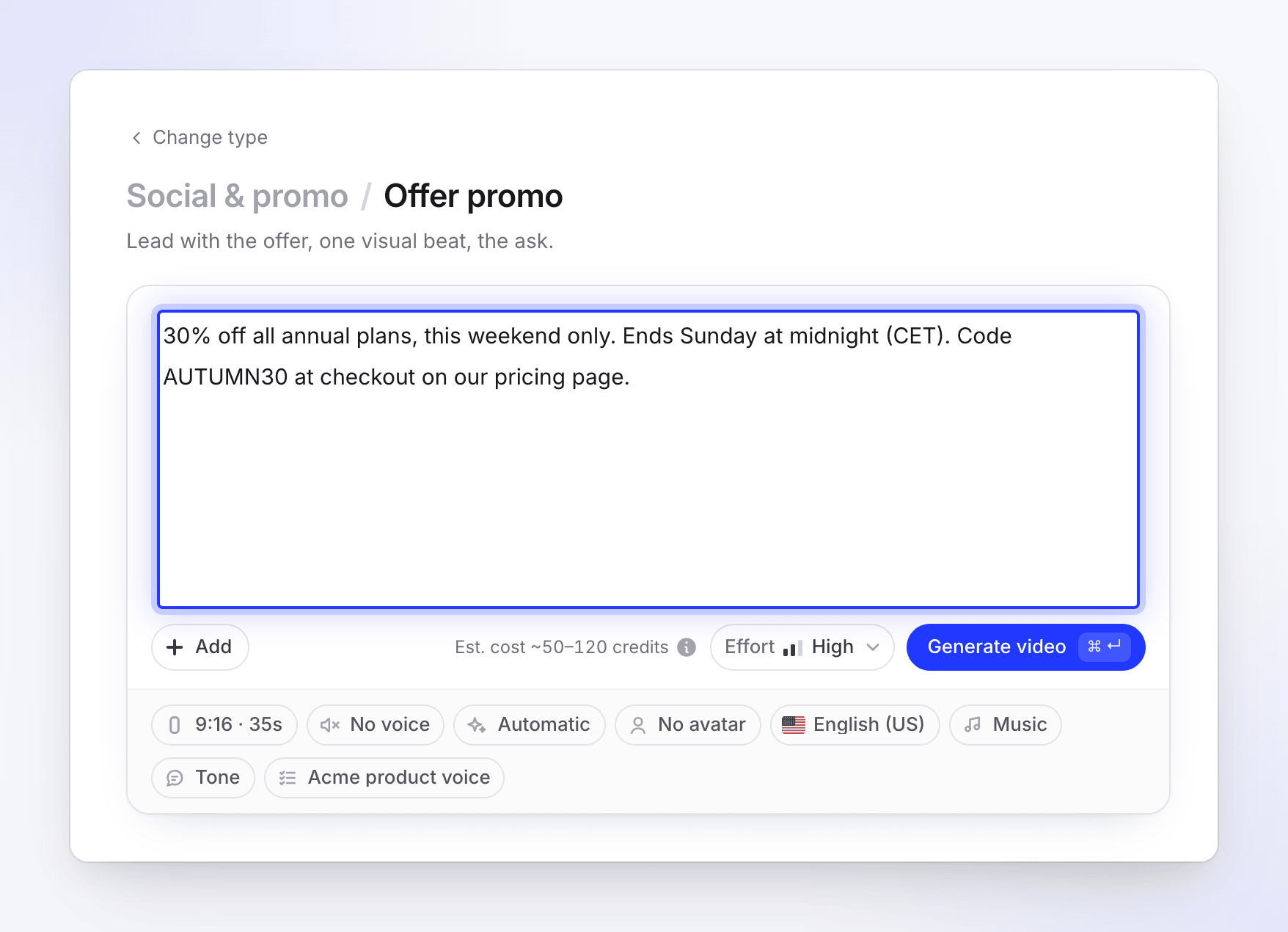 An offer promo brief that states the discount, the deadline, the code and where to use it