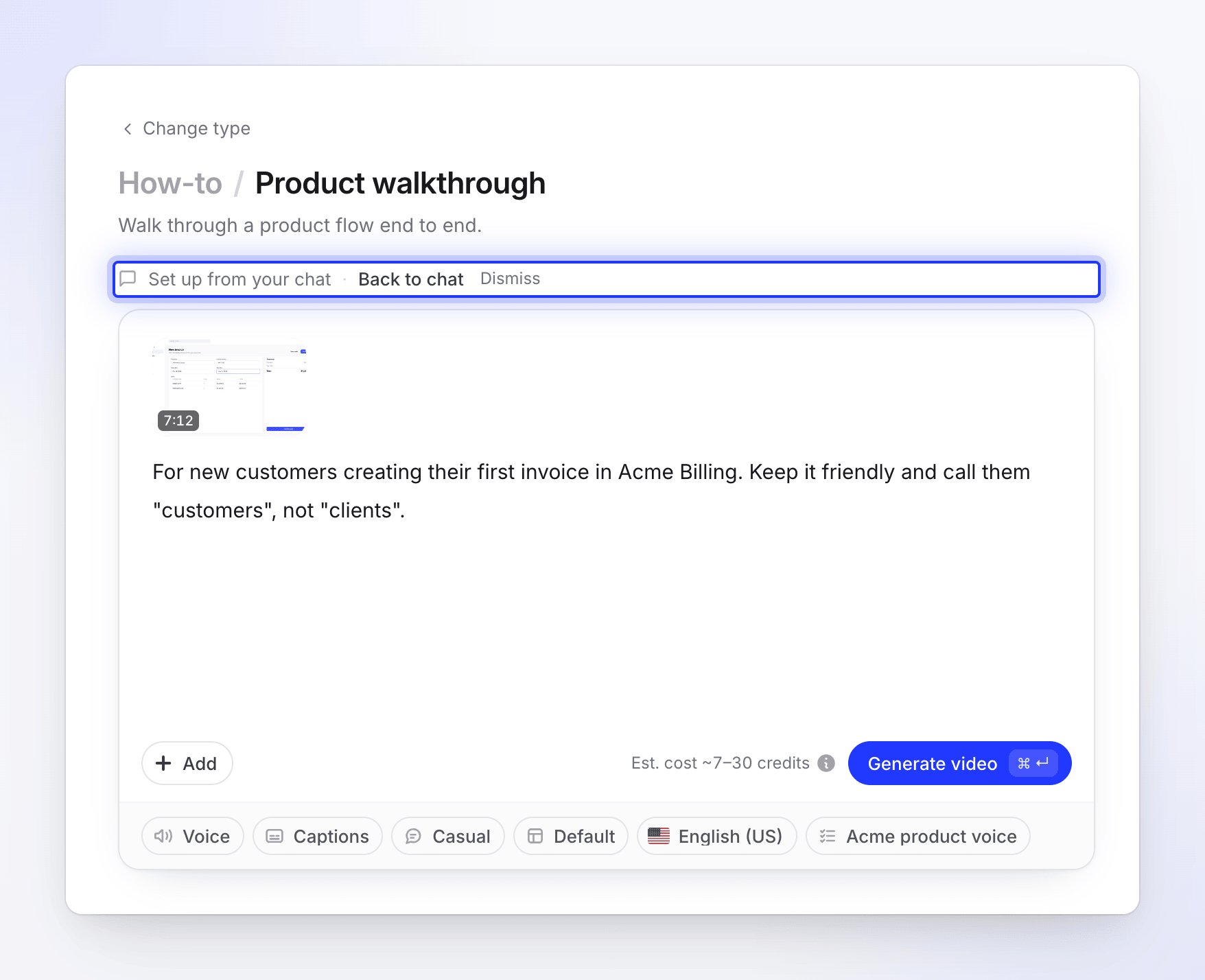 Compose for a product walkthrough filled in from the setup chat, with the recording, the brief and the settings pills