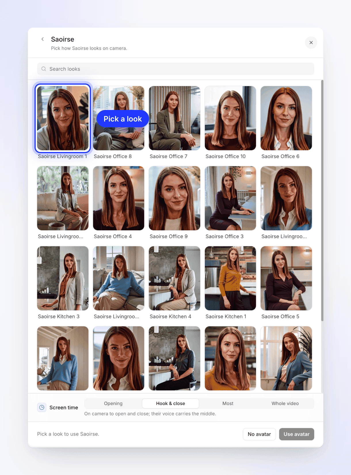 Saoirse's looks in the AI avatar window, such as Saoirse Livingroom 1 and Saoirse Office 8, with the first look highlighted