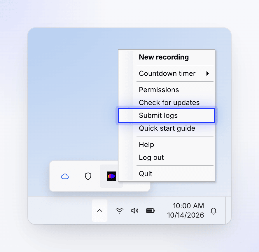 Windows: the Clevera tray menu opened from the notification area, with Submit logs highlighted.