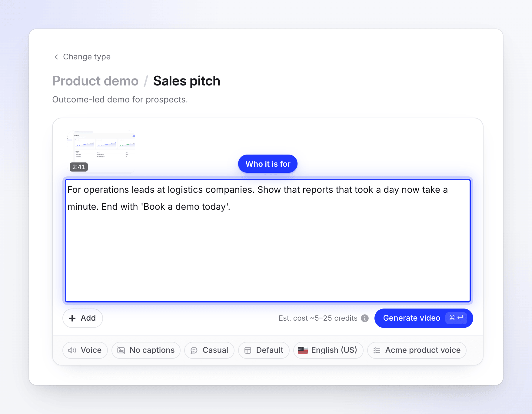 A sales-pitch demo brief naming the audience, the outcome and the call to action.
