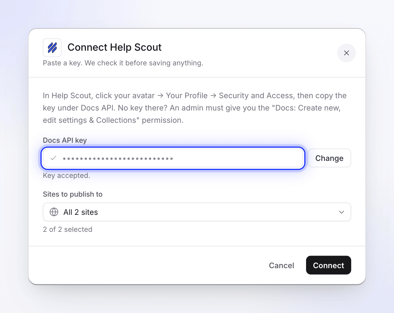 La finestra Connetti Help Scout con una chiave API documentazione accettata e il suggerimento Il tuo profilo, Sicurezza e Accesso
