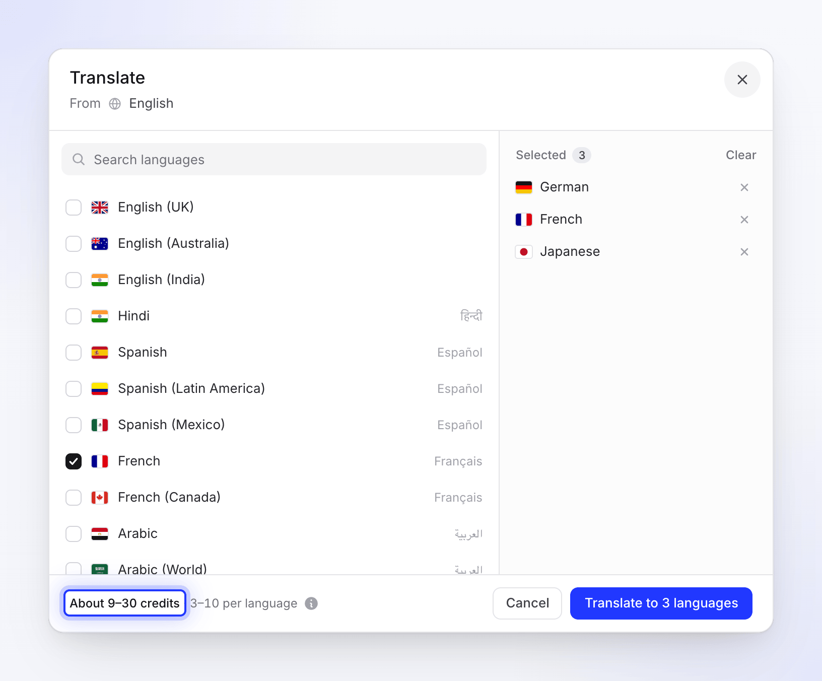The Translate dialog with three languages selected and the credit estimate.