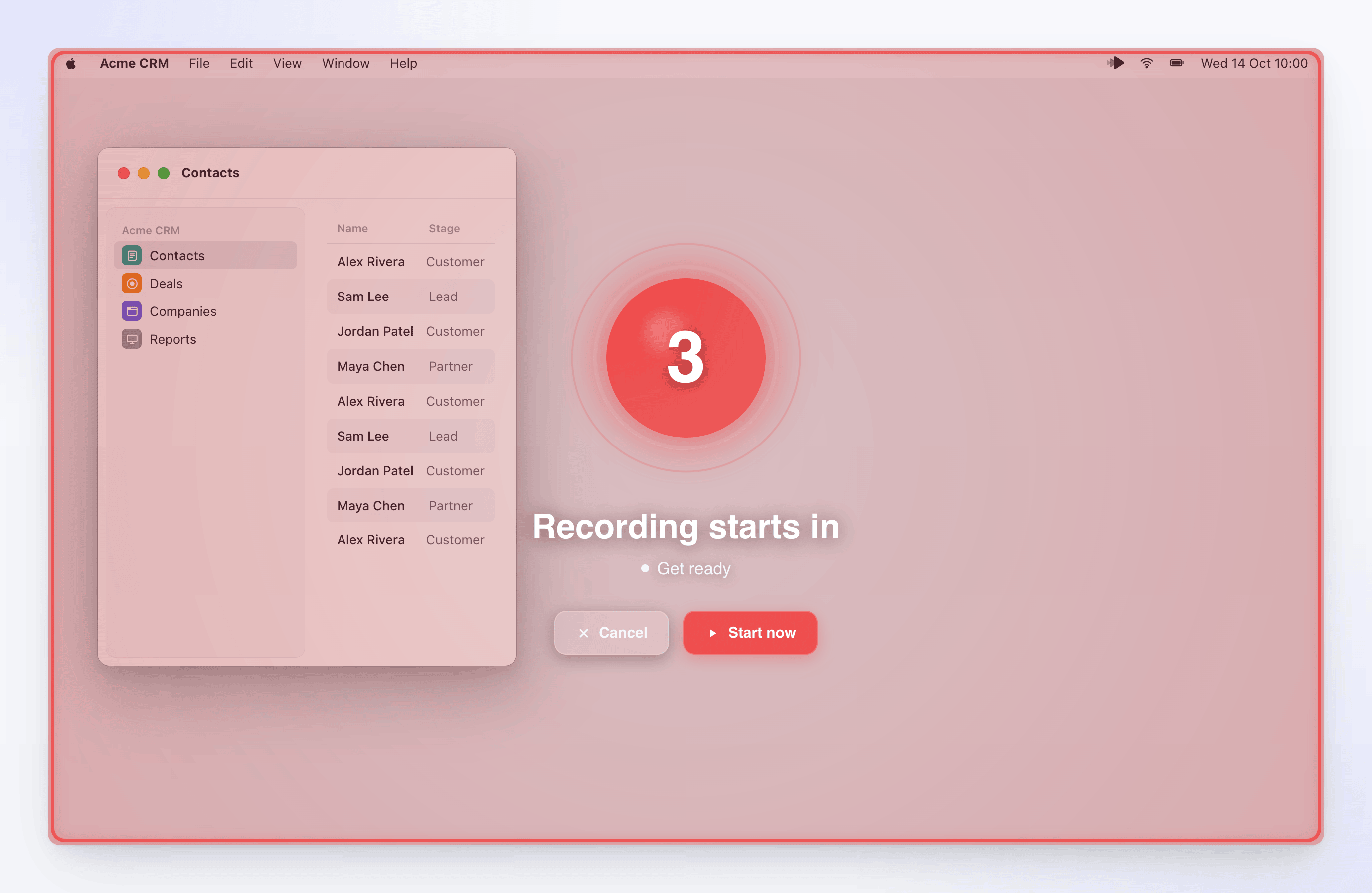 The countdown overlay showing 3 with Cancel and Start now buttons.
