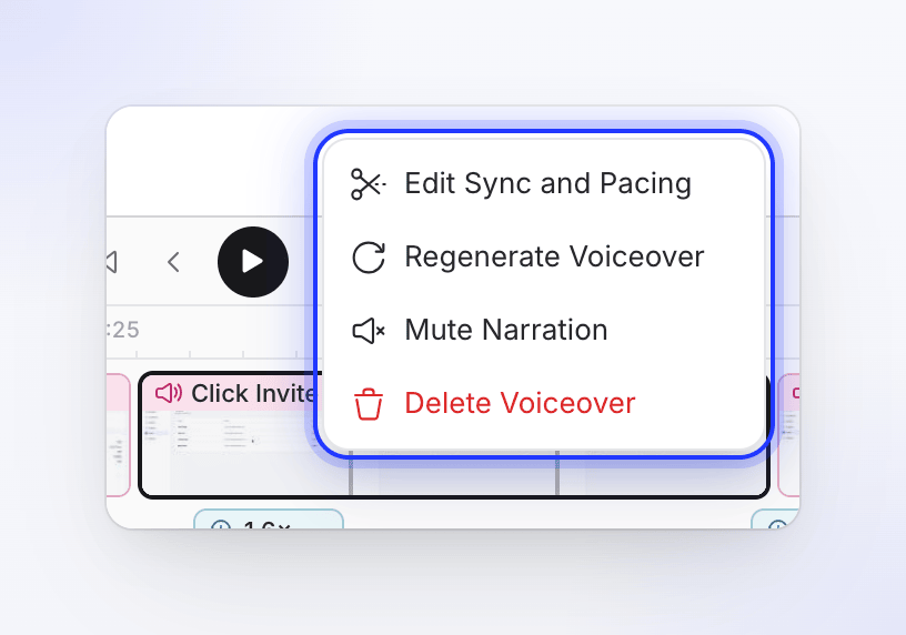 The right-click menu on a step with Edit Sync and Pacing, Regenerate Voiceover, Mute Narration and Delete Voiceover.