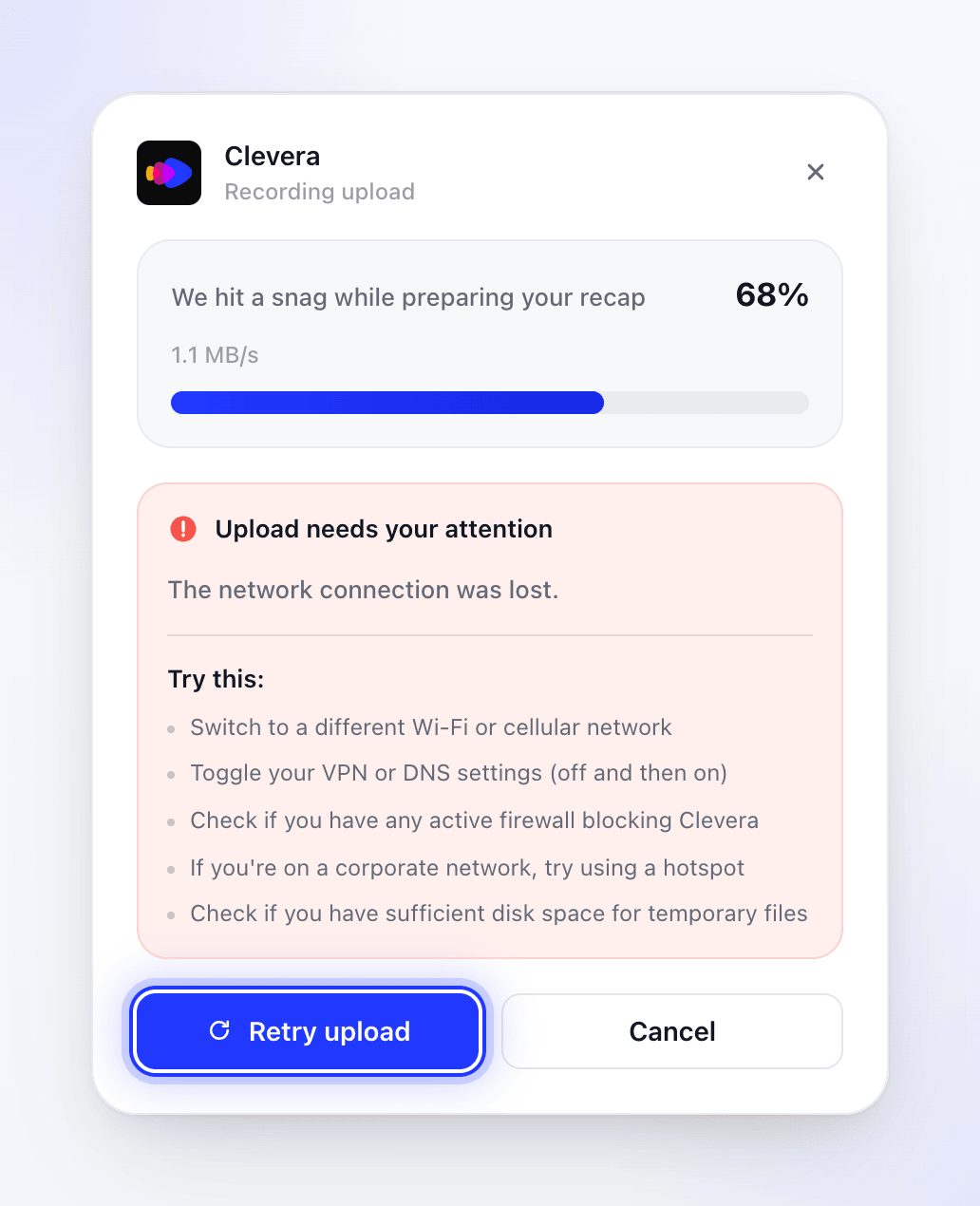 The upload failure panel with tips and Retry upload and Cancel buttons.