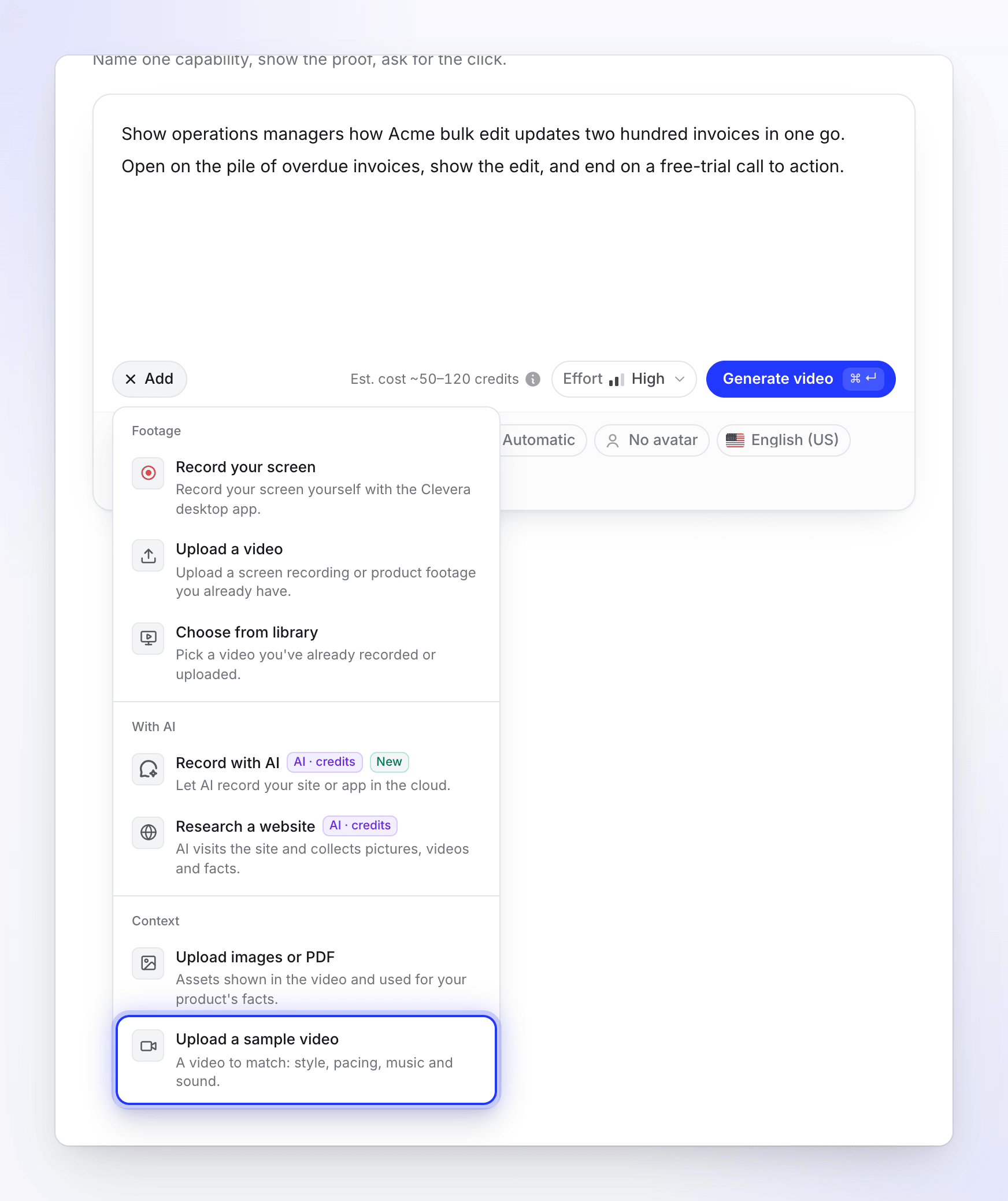 The + menu on a social clip's Compose page with Upload a sample video highlighted in the Context group