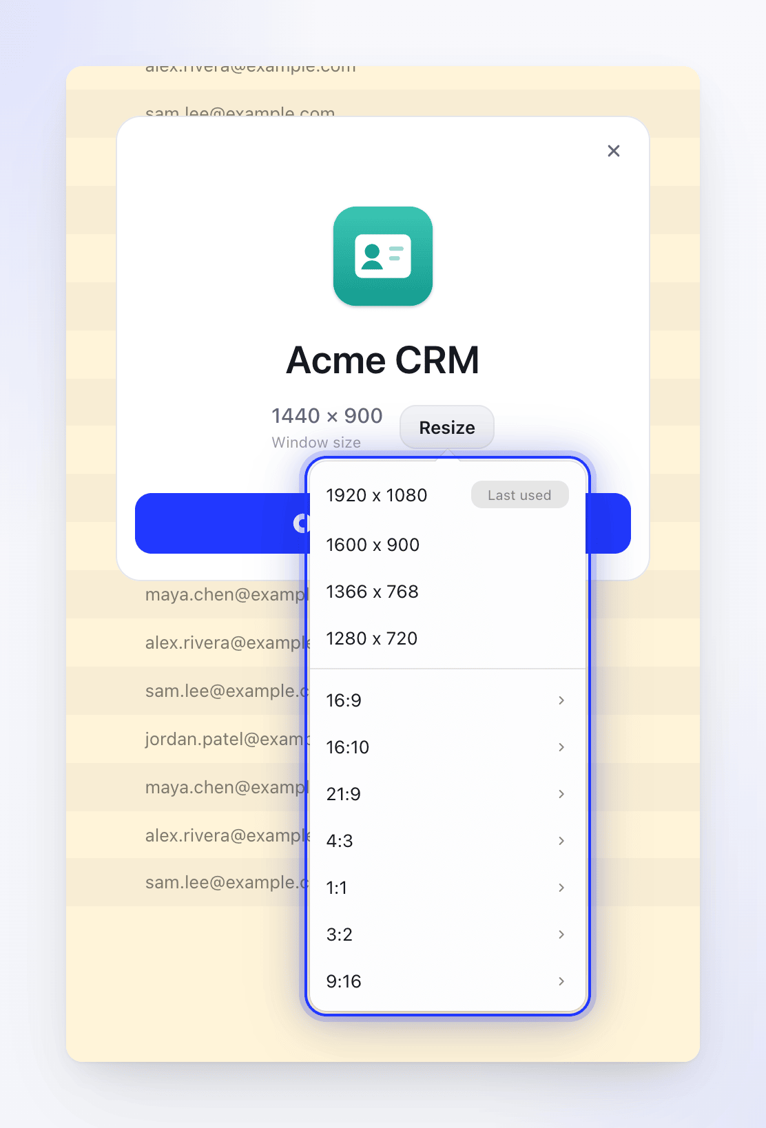 The window card with the Resize menu open showing common sizes and aspect ratios.