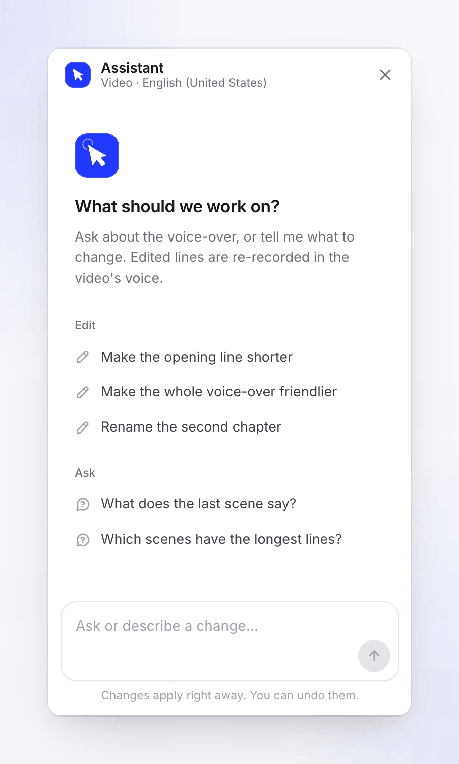 The assistant panel with example requests to tap, grouped into Edit and Ask.