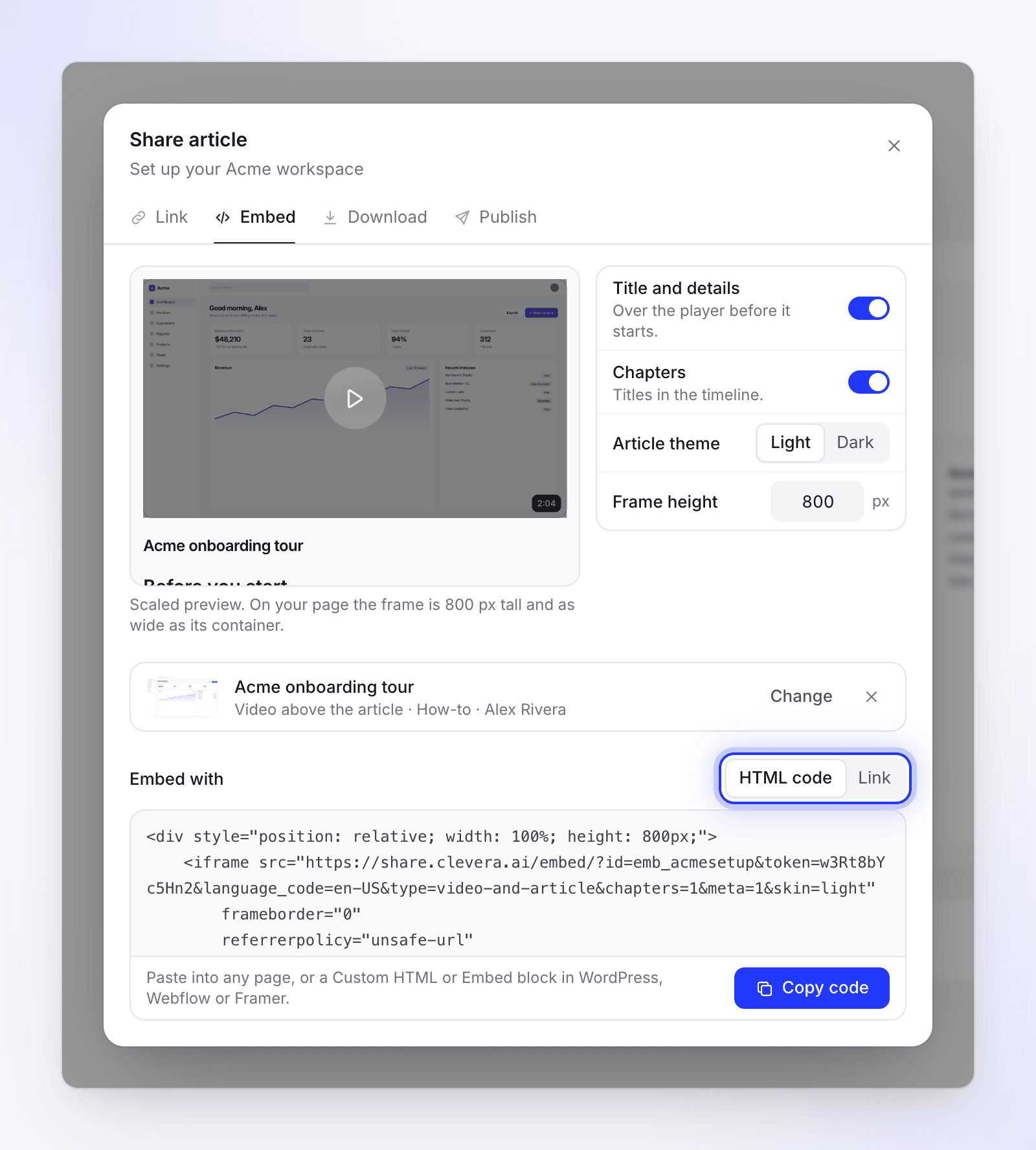The Embed tab for an article: preview with Acme onboarding tour above the article, theme and frame height options, and HTML code