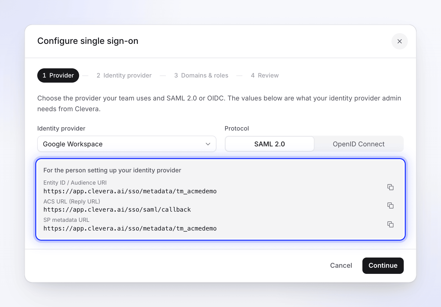 Step 1 of the SSO setup dialog with Google Workspace and SAML 2.0 selected and the values to copy