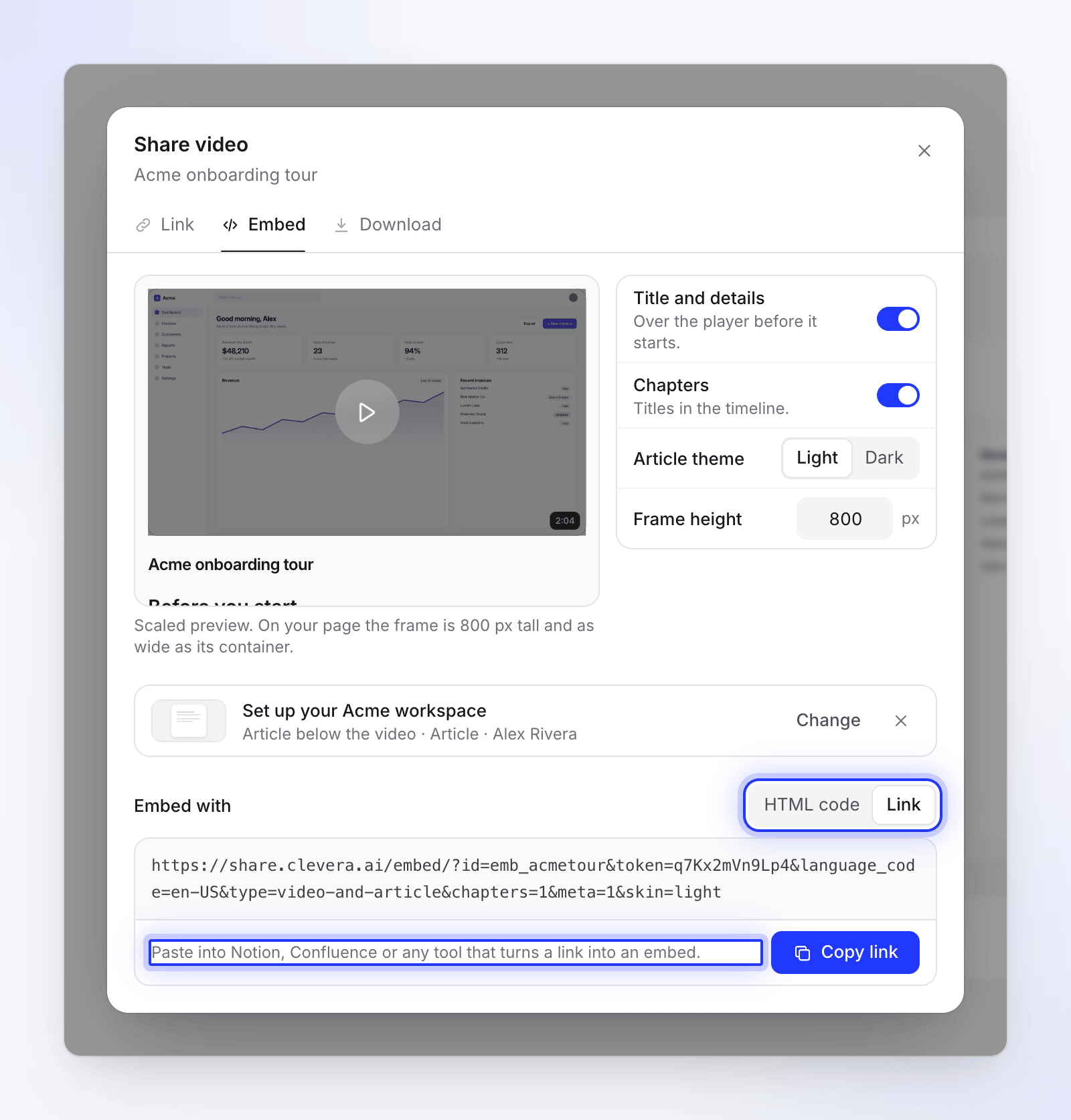 The Embed with Link option for Notion and Confluence, with Copy link.
