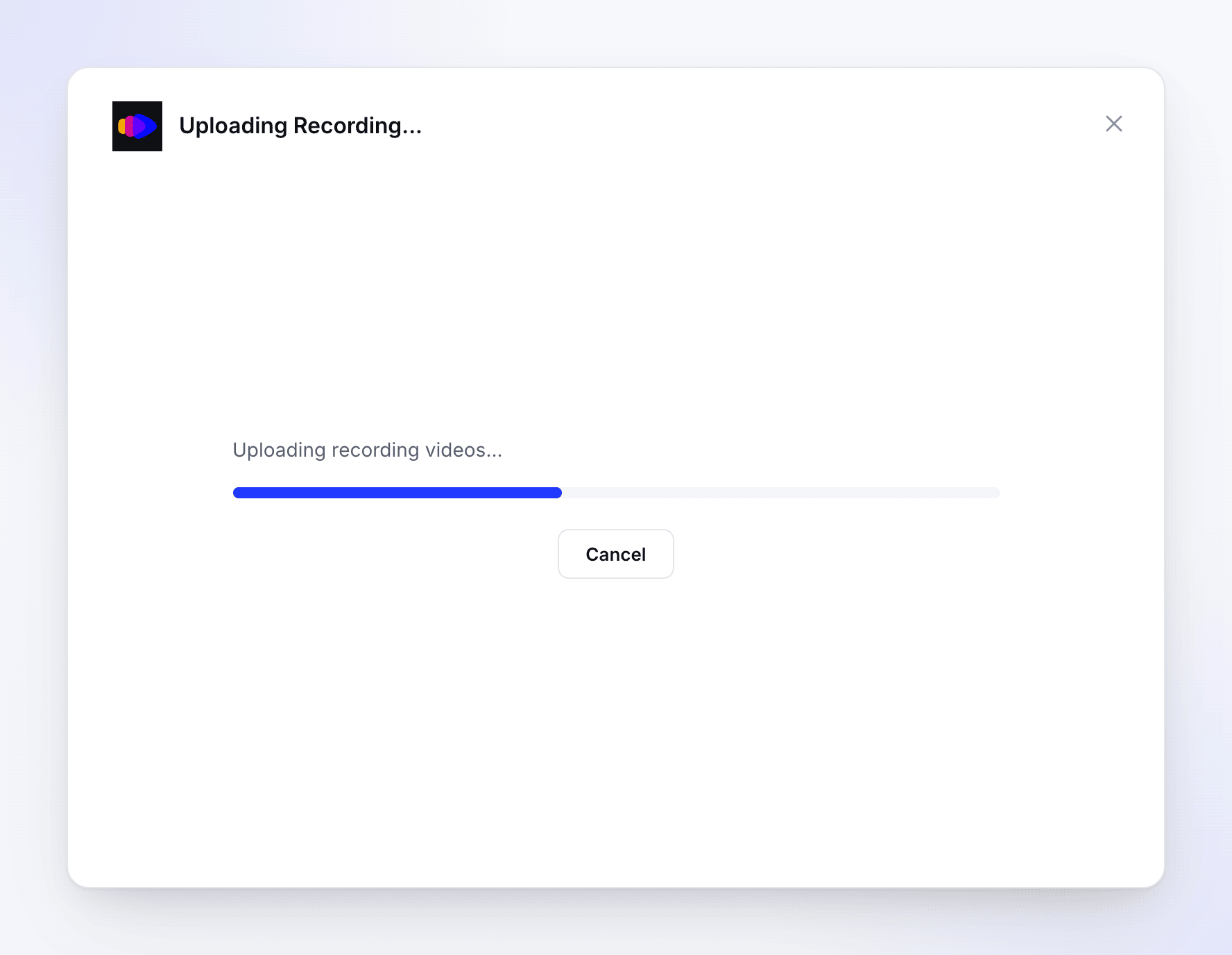 Windows: the Uploading Recording window with a status line, a progress bar and Cancel.