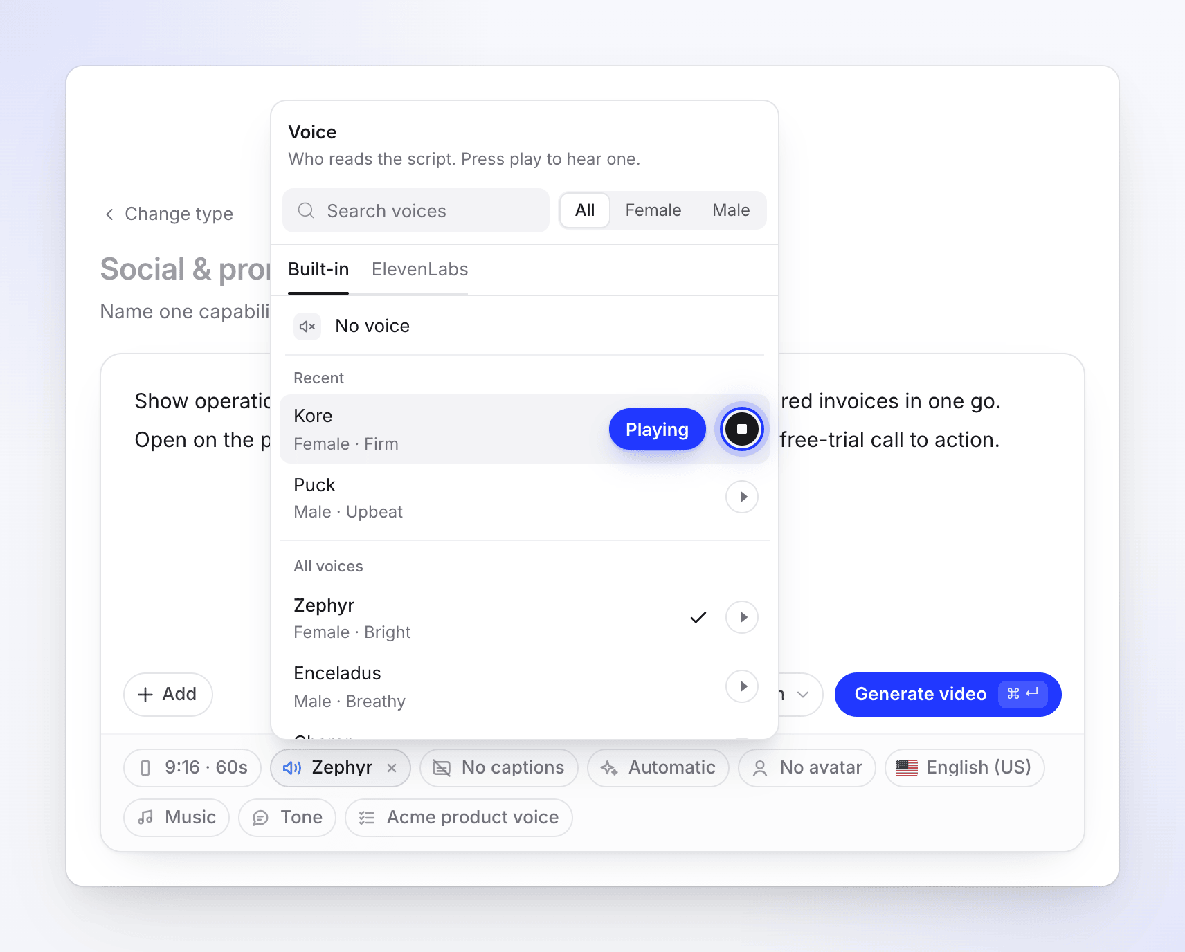 Un campione vocale in riproduzione nel menu Voce, il suo pulsante play trasformato in un pulsante stop