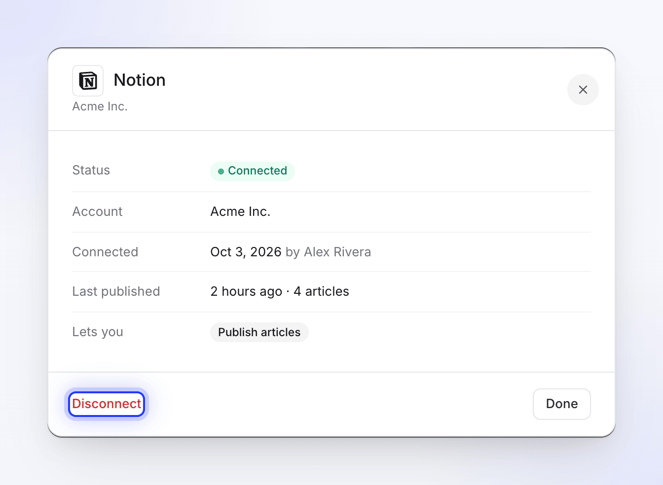 The Notion connection details with status, account, who connected it, last publish and Disconnect