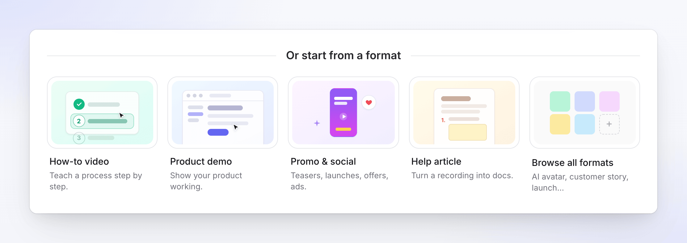 The Or start from a format cards on Home: How-to video, Product demo, Promo & social, Help article and Browse all formats