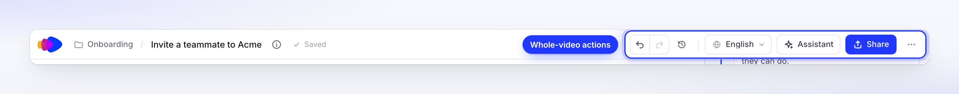 The video editor's top bar with the title, save status, Undo, Redo, Revision history, language, Assistant, Share and More buttons.