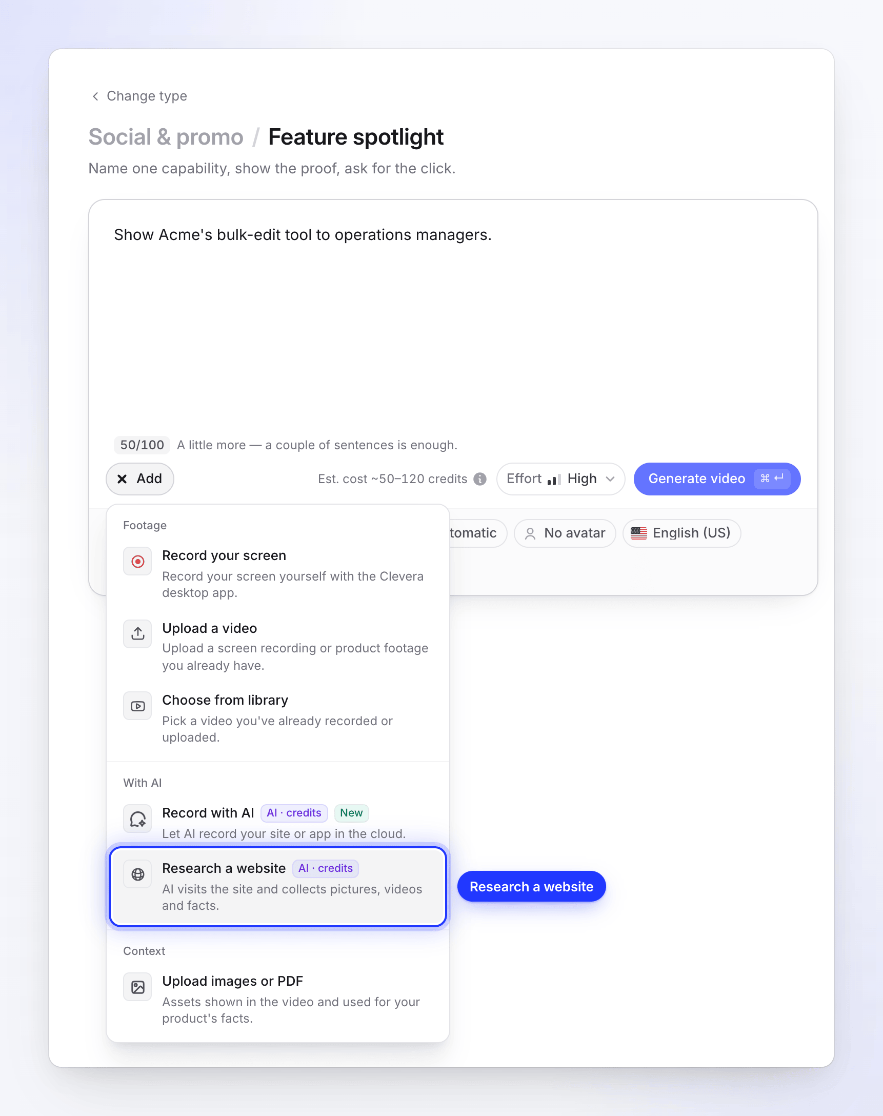 The Add menu on Compose with Research a website highlighted in the With AI group