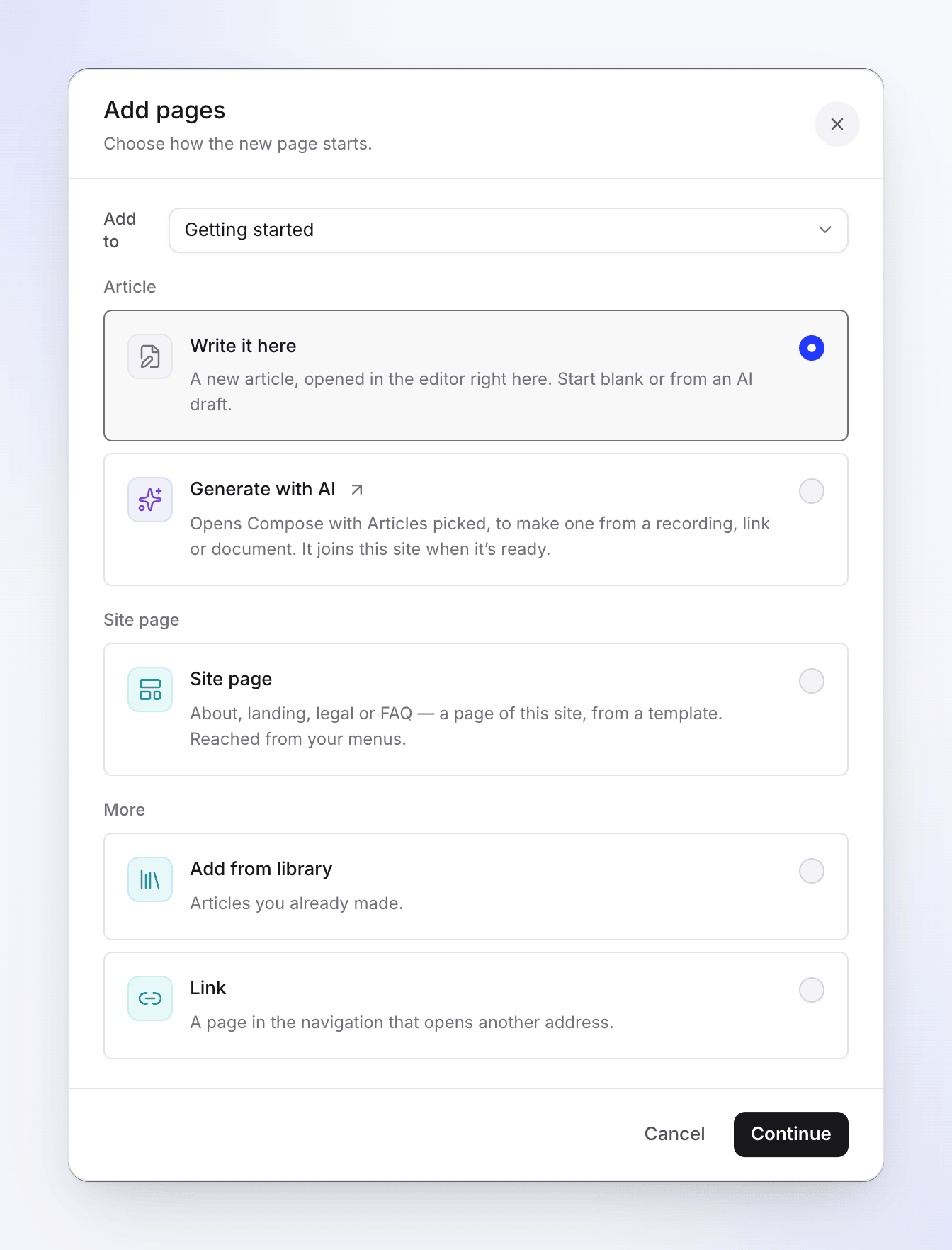 The Add pages dialog with Write it here, Generate with AI, Site page, Add from library and Link
