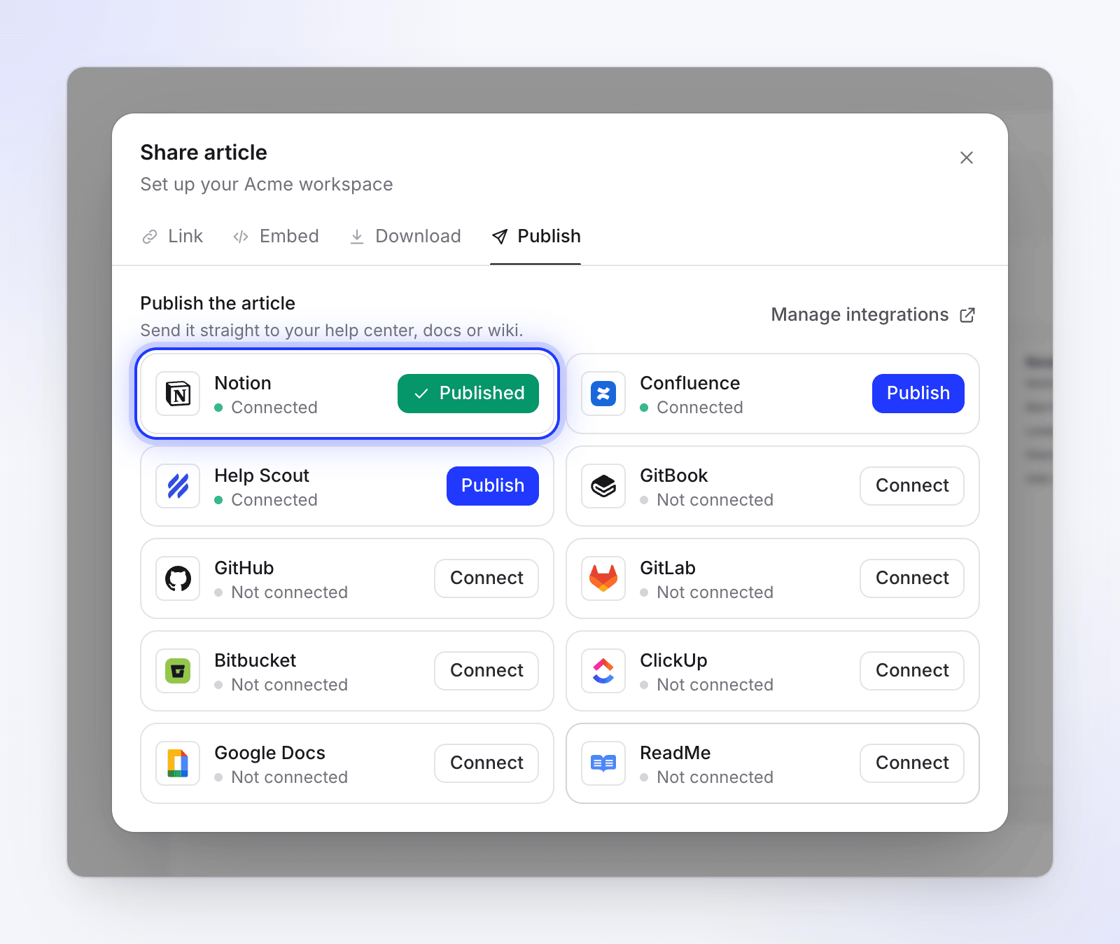 The Publish tab with Notion published, Confluence and Help Scout ready, and other tools to connect