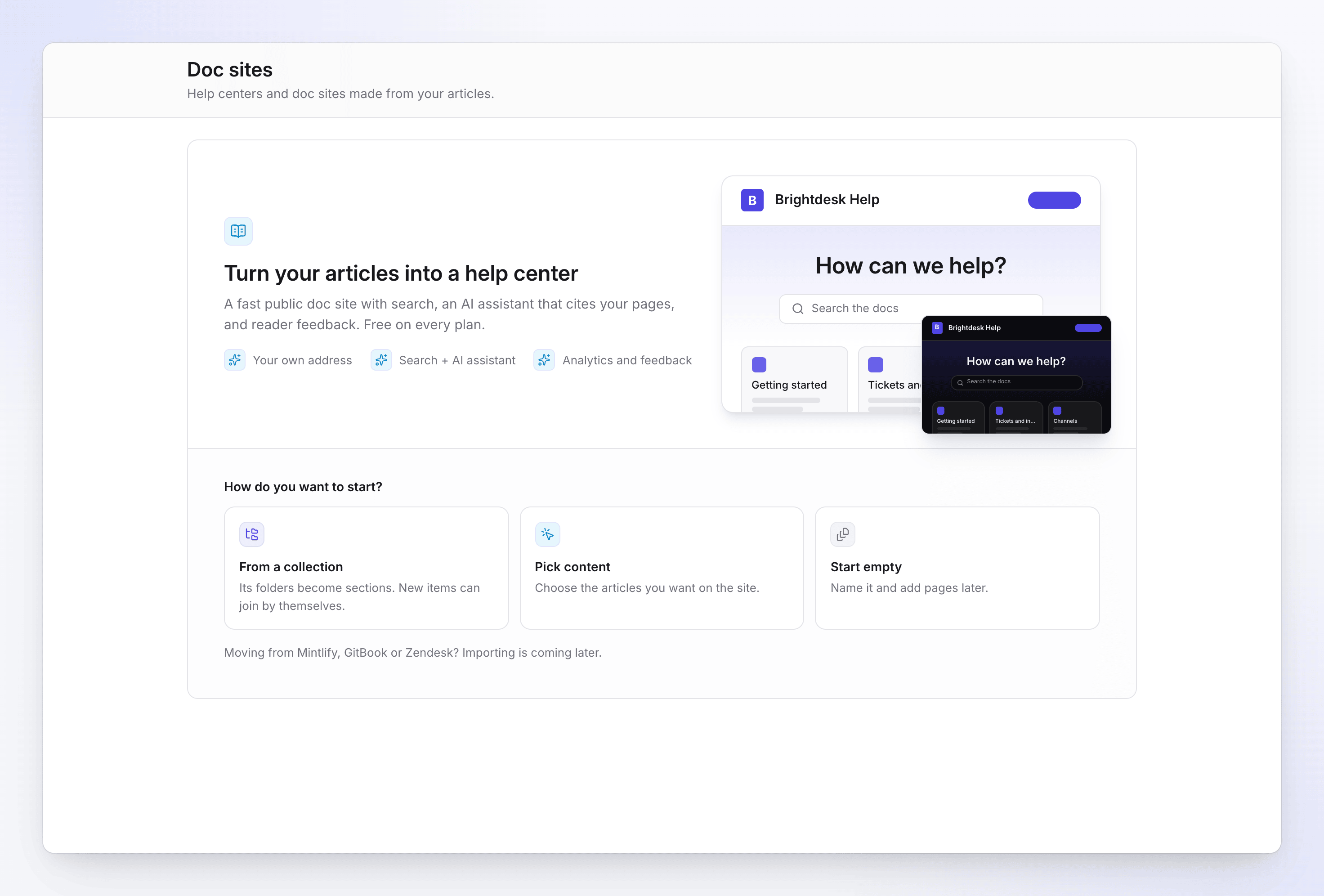 Doc sites before the first site, with the From a collection, Pick content and Start empty cards