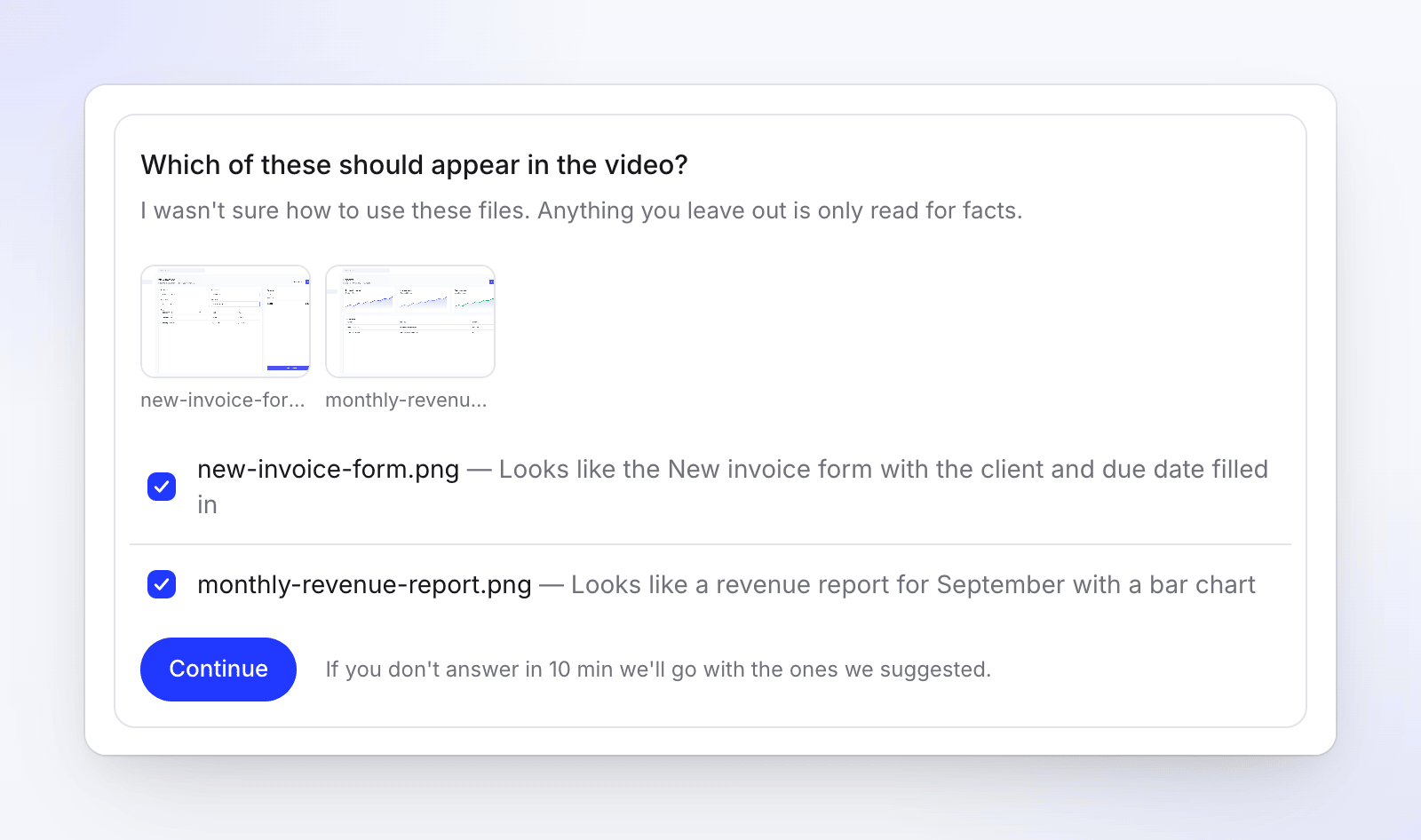 A question card with picture thumbnails asking which should appear in the video