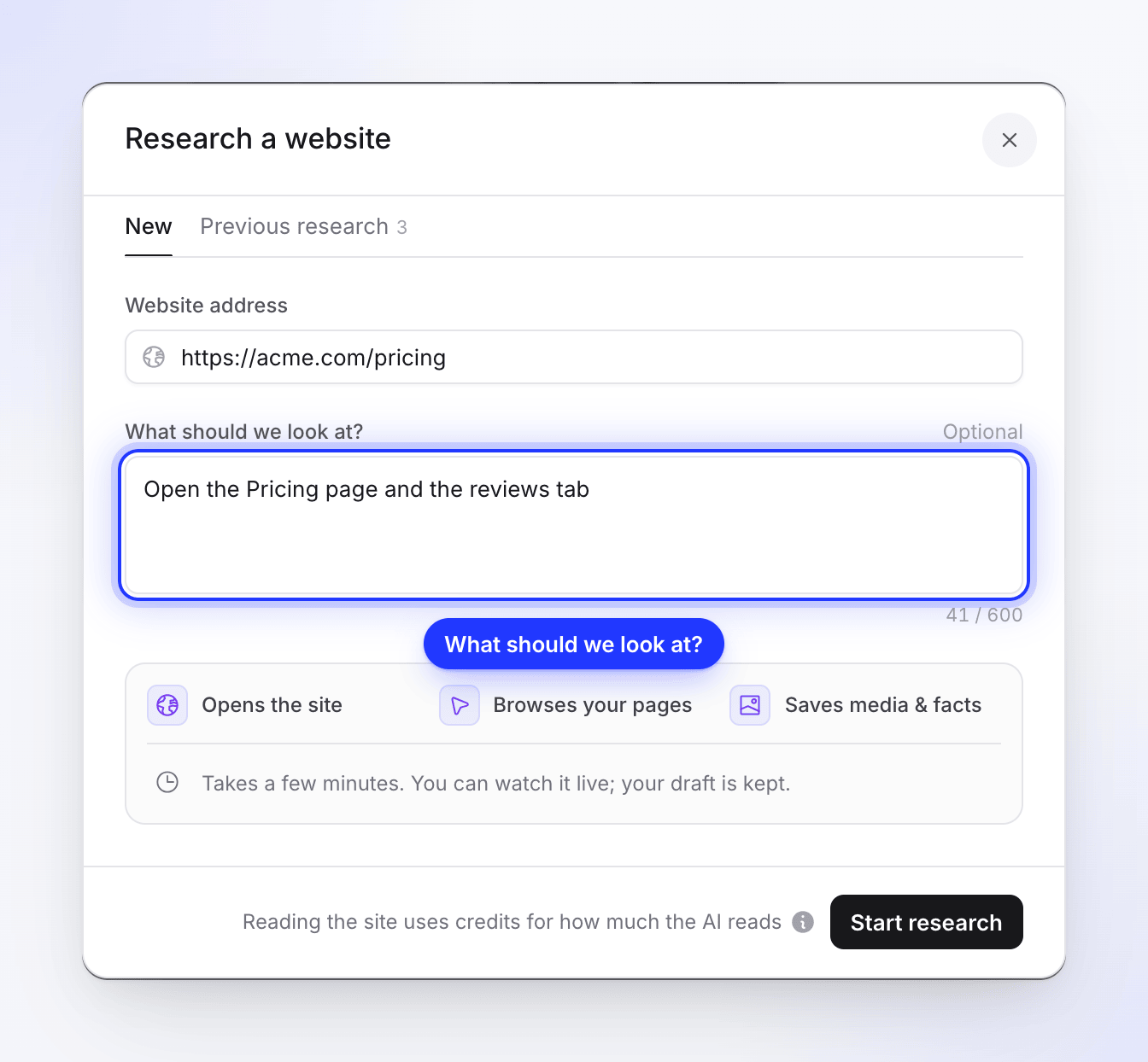 The Research a website dialog with an address, a note and the Start research button