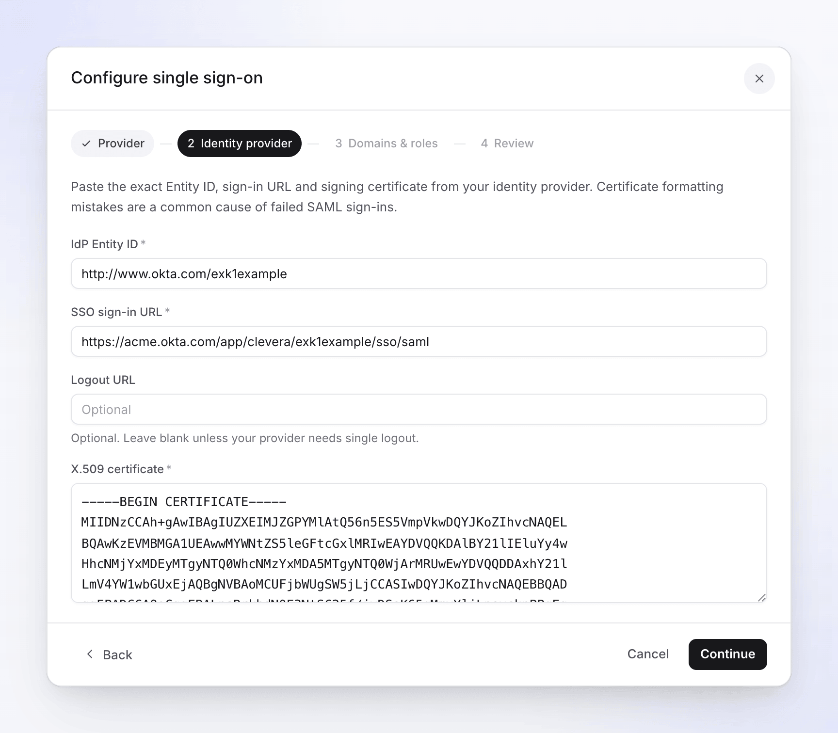 Step 2 of the SSO setup dialog with the IdP Entity ID, sign-in URL and certificate filled in