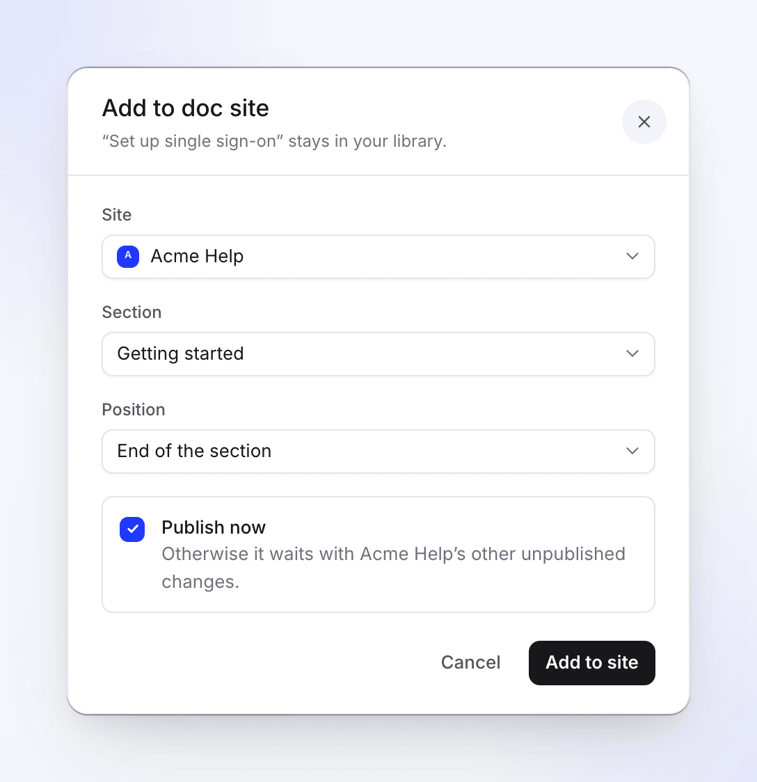 The Add to doc site dialog for an article, with the site, section and Publish now