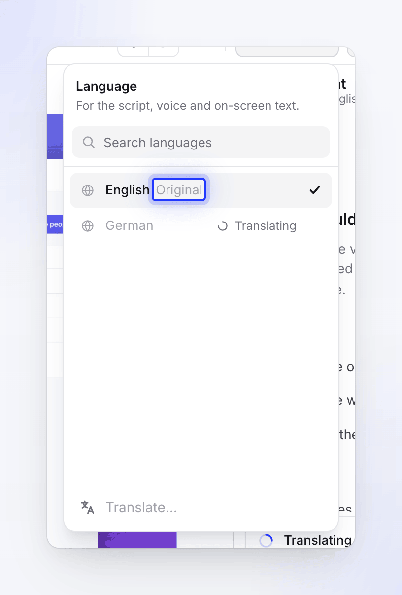 The language menu with English marked Original and German still translating.
