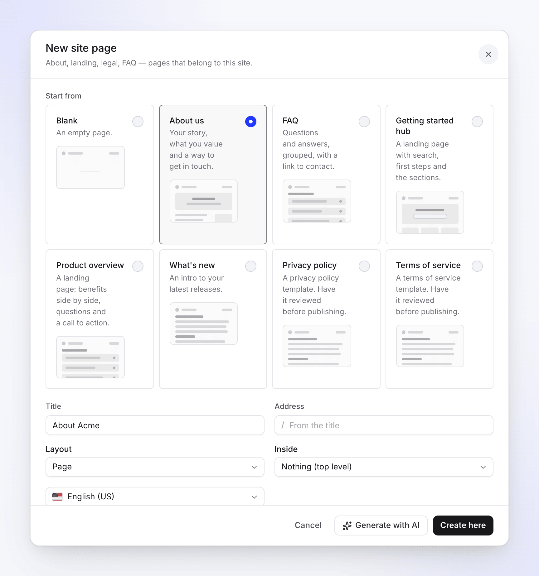 The New site page dialog with the About us template picked, title About Acme, layout Page, and Generate with AI or Create here