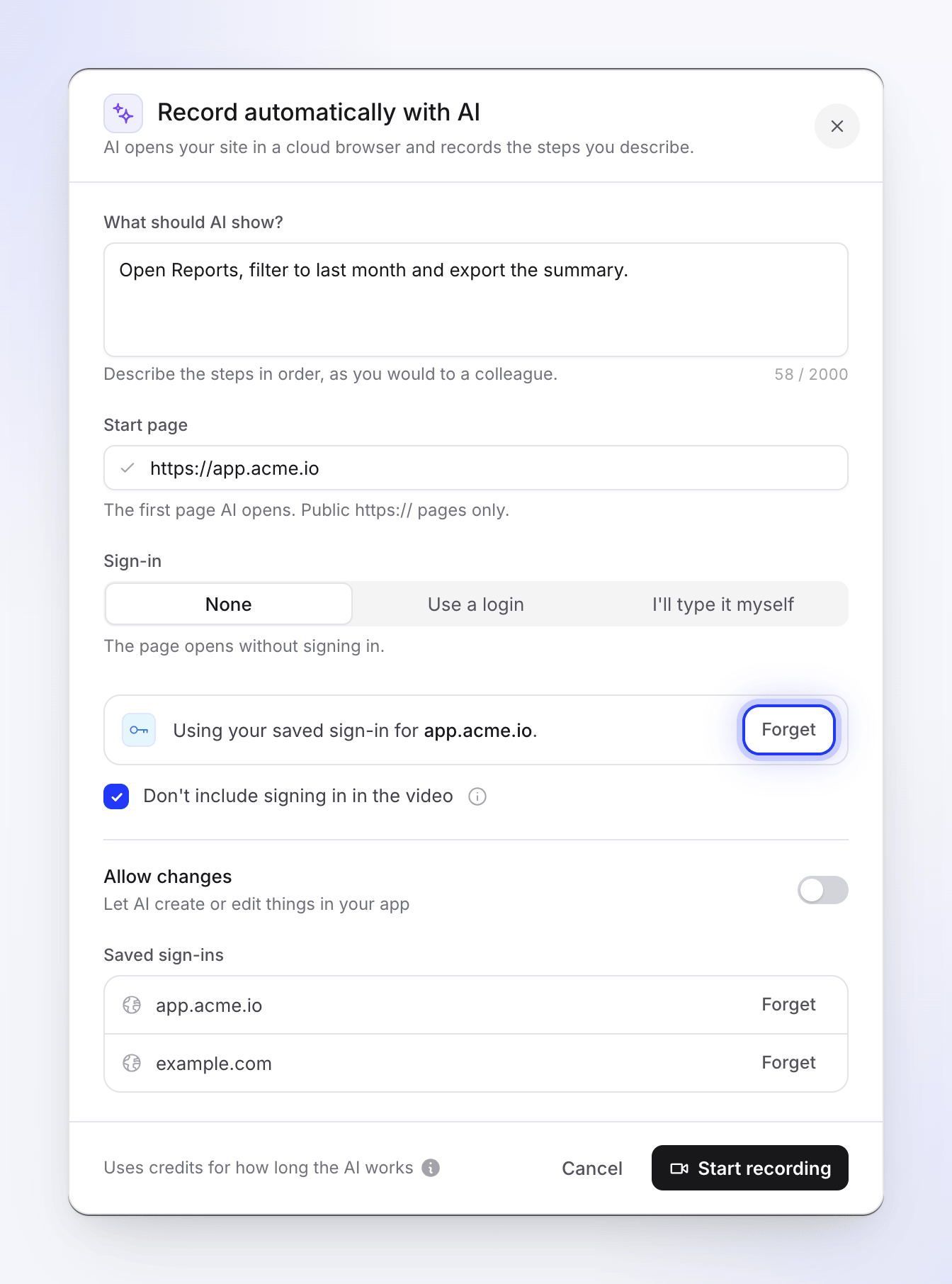 The Record with AI dialog using a saved sign-in, with Forget buttons and Don't include signing in in the video ticked