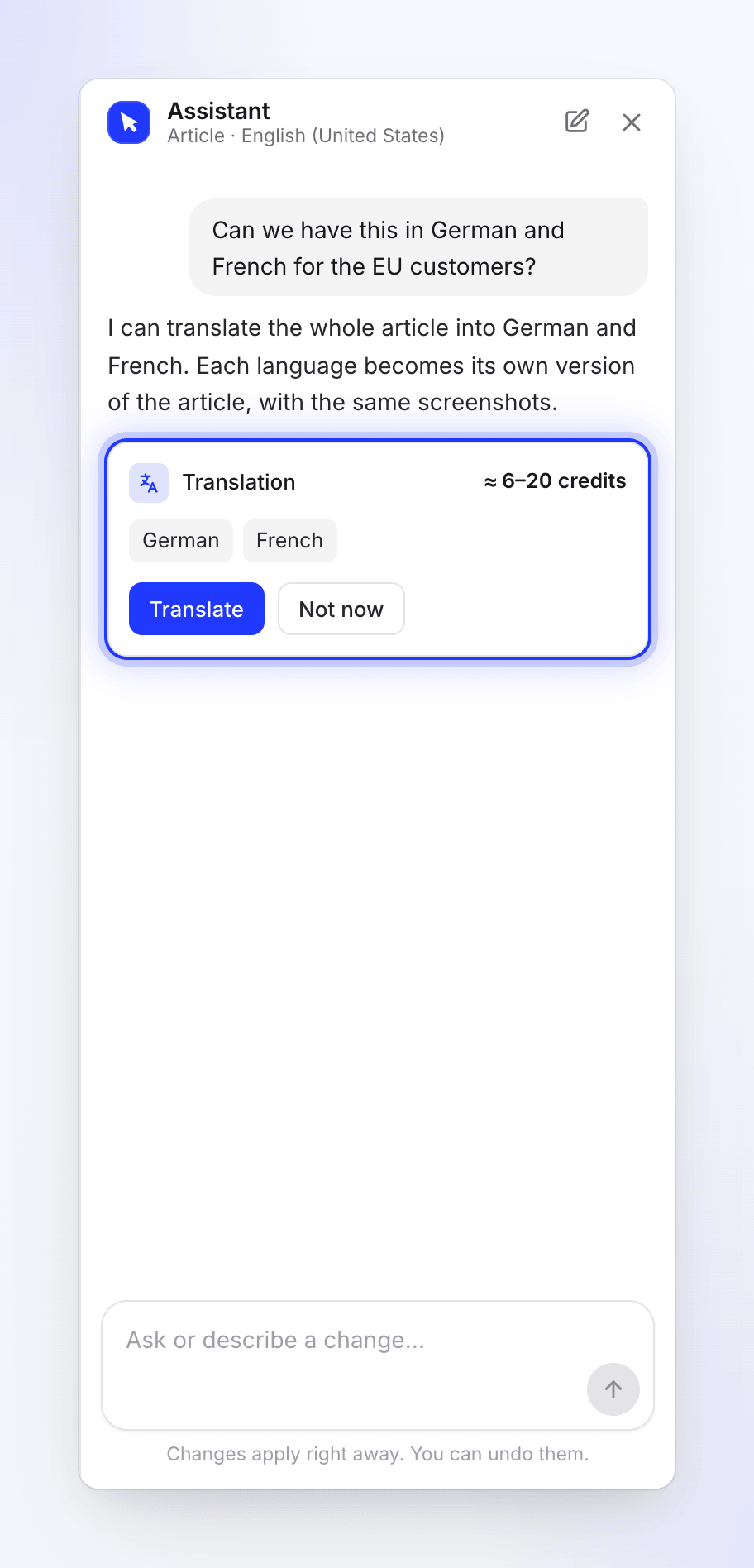 The assistant offering to translate the article into German and French for about 6–20 credits