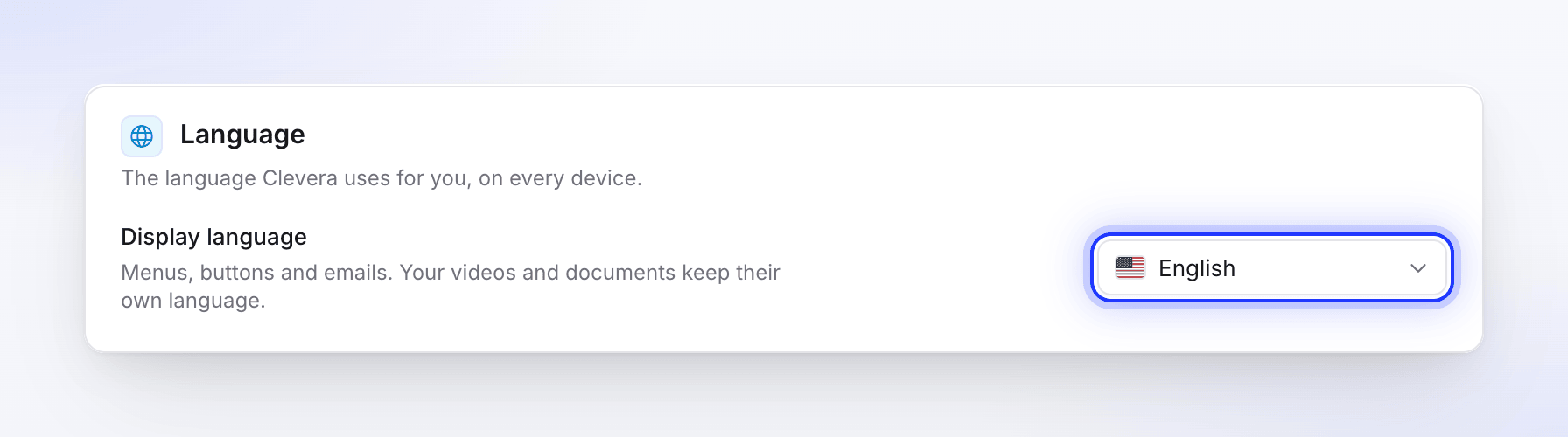 Account settings → Preferences → Language card with the Display language picker set to English