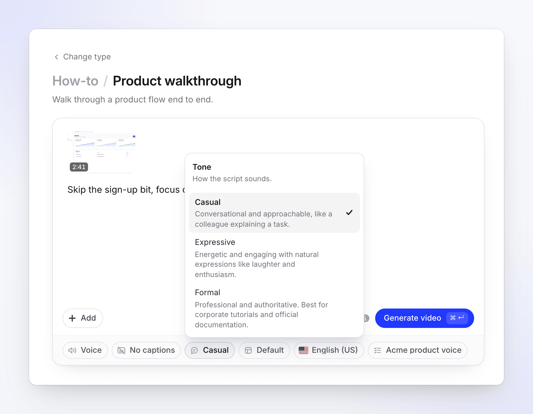 The Tone menu with Casual, Expressive and Formal.