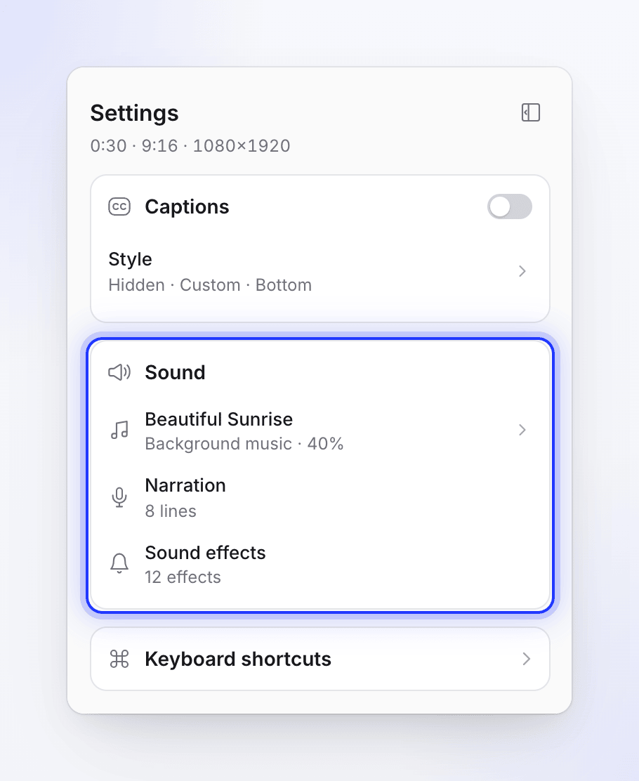 The clip editor's Settings with the Sound section listing music, narration lines and sound effects.