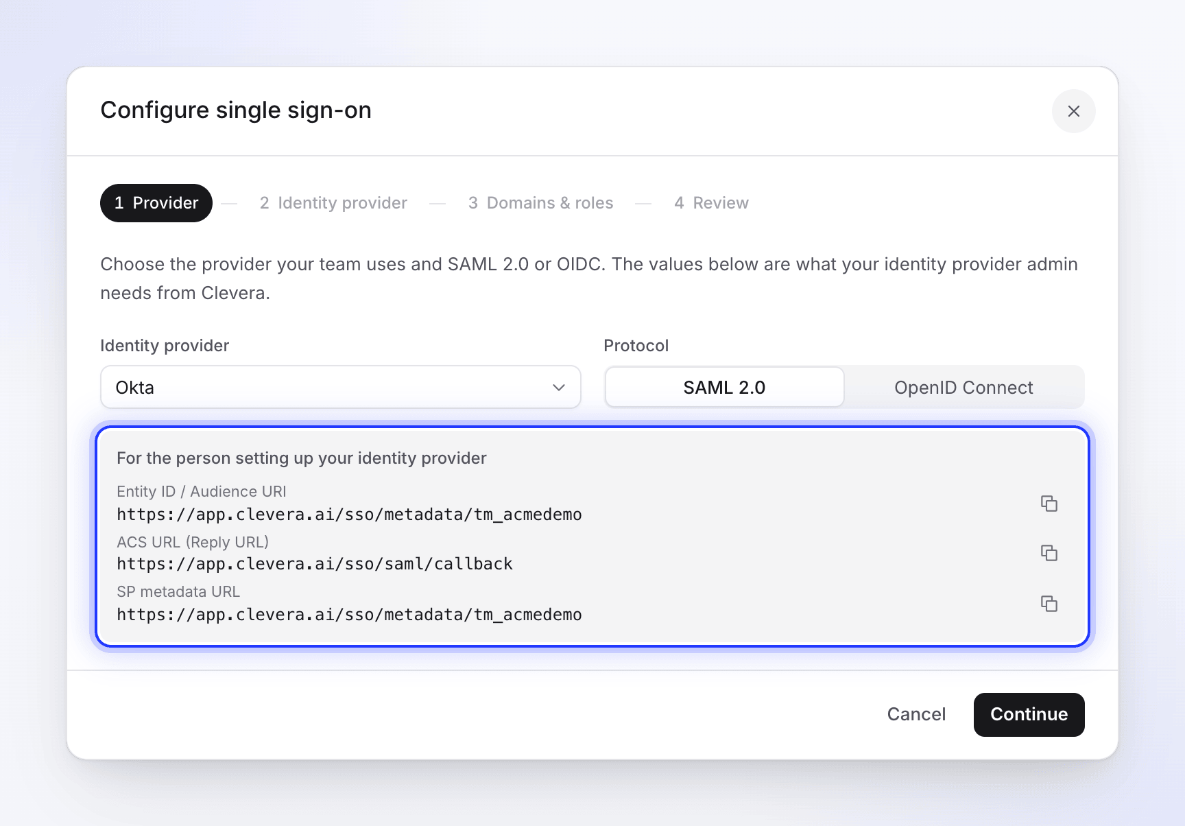 Step 1 of the SSO setup dialog with Okta and SAML 2.0 selected and the Entity ID, ACS URL and metadata URL to copy