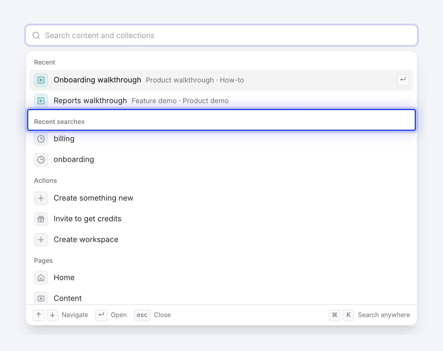 The search box before typing, with recent items, recent searches, actions and pages