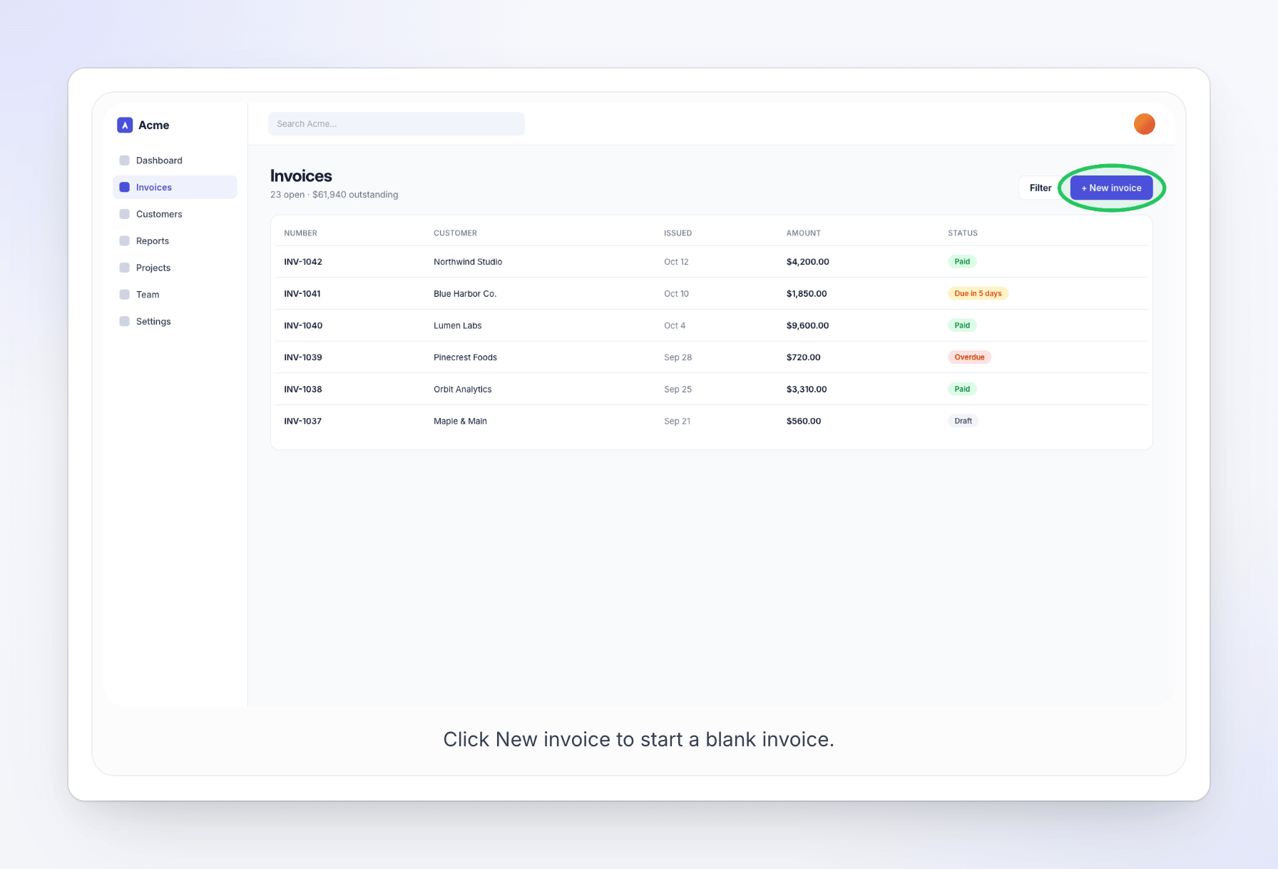 An article screenshot with a green ring where the recording clicked New invoice