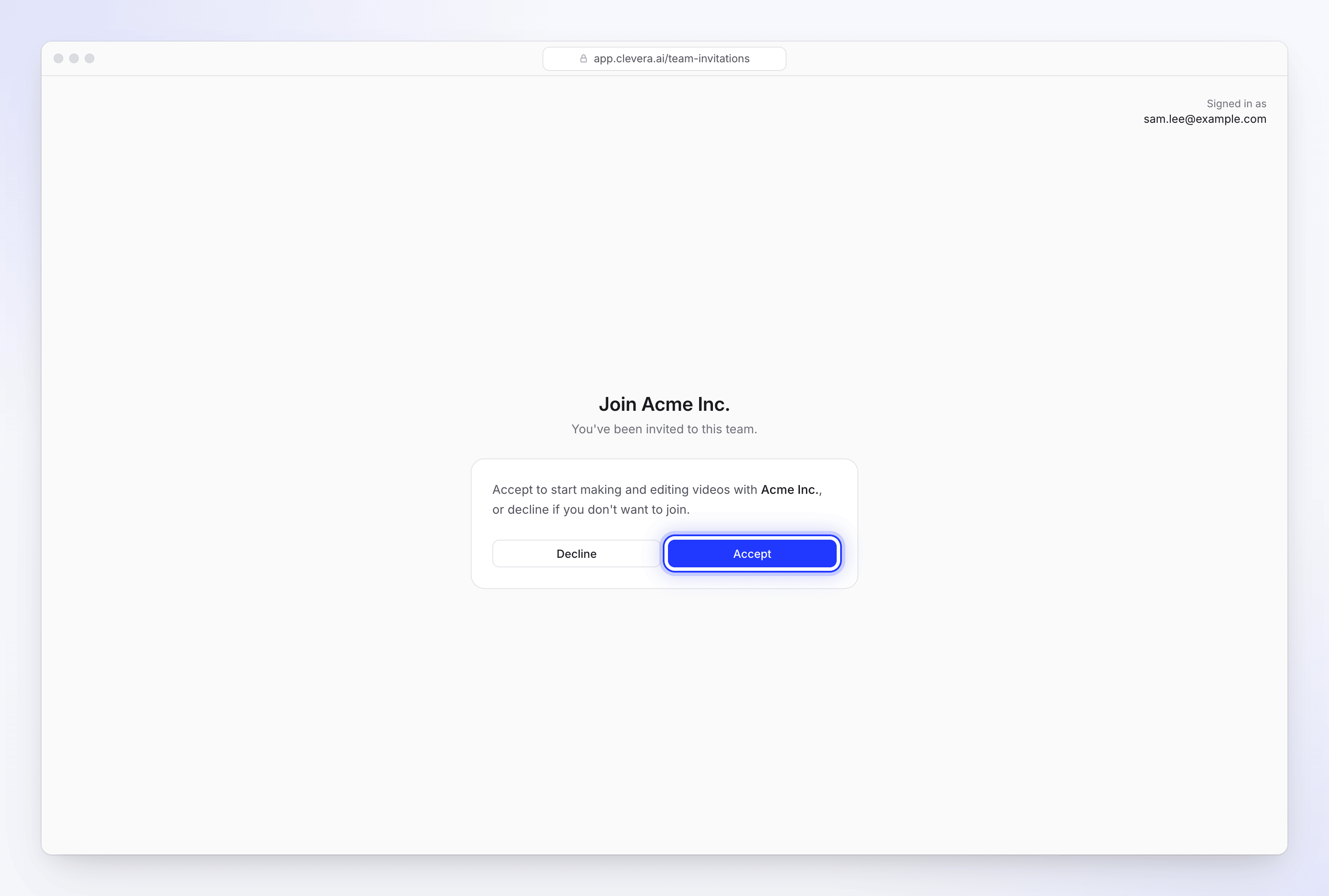 The invitation page for Acme Inc. with Decline and Accept
