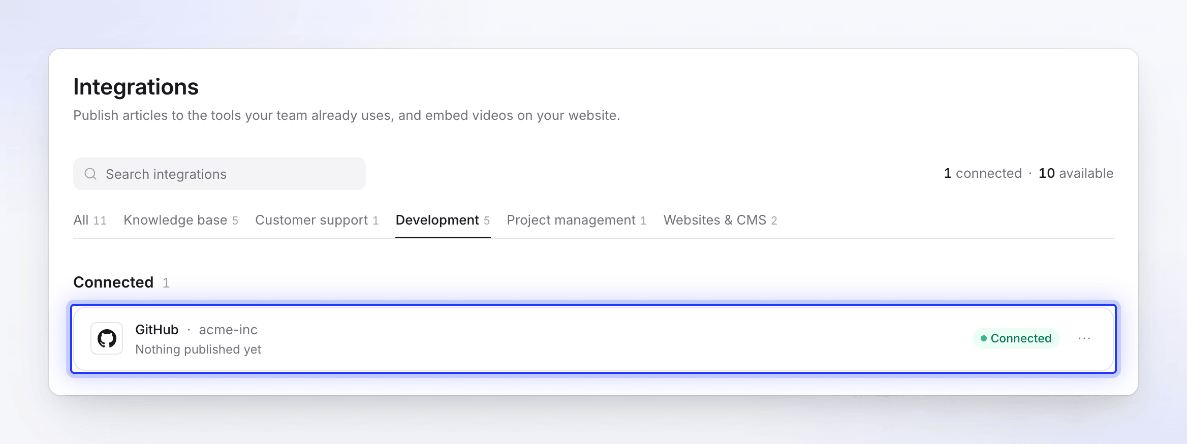 GitHub listed under Connected for the acme-inc account, with nothing published yet