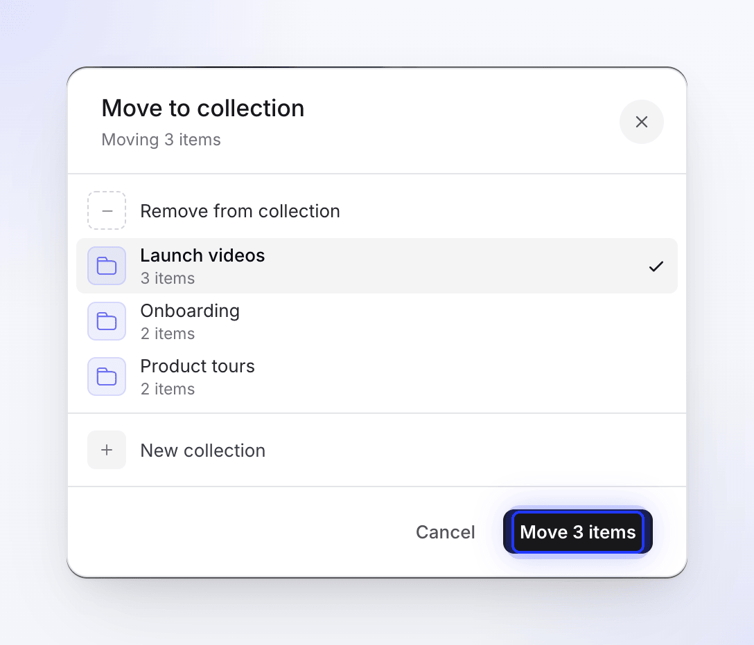 The Move to collection dialog with a collection picked for 3 items